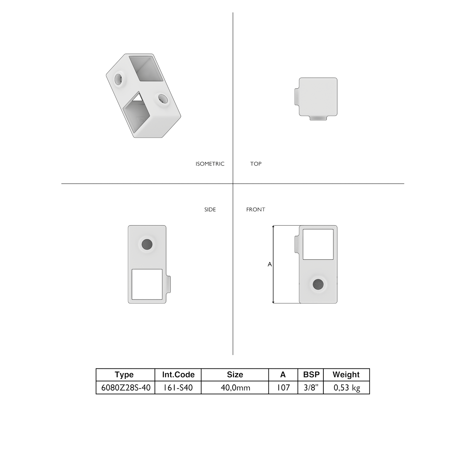 Kreuzstück 90º schwarz 40 mm quadratisch