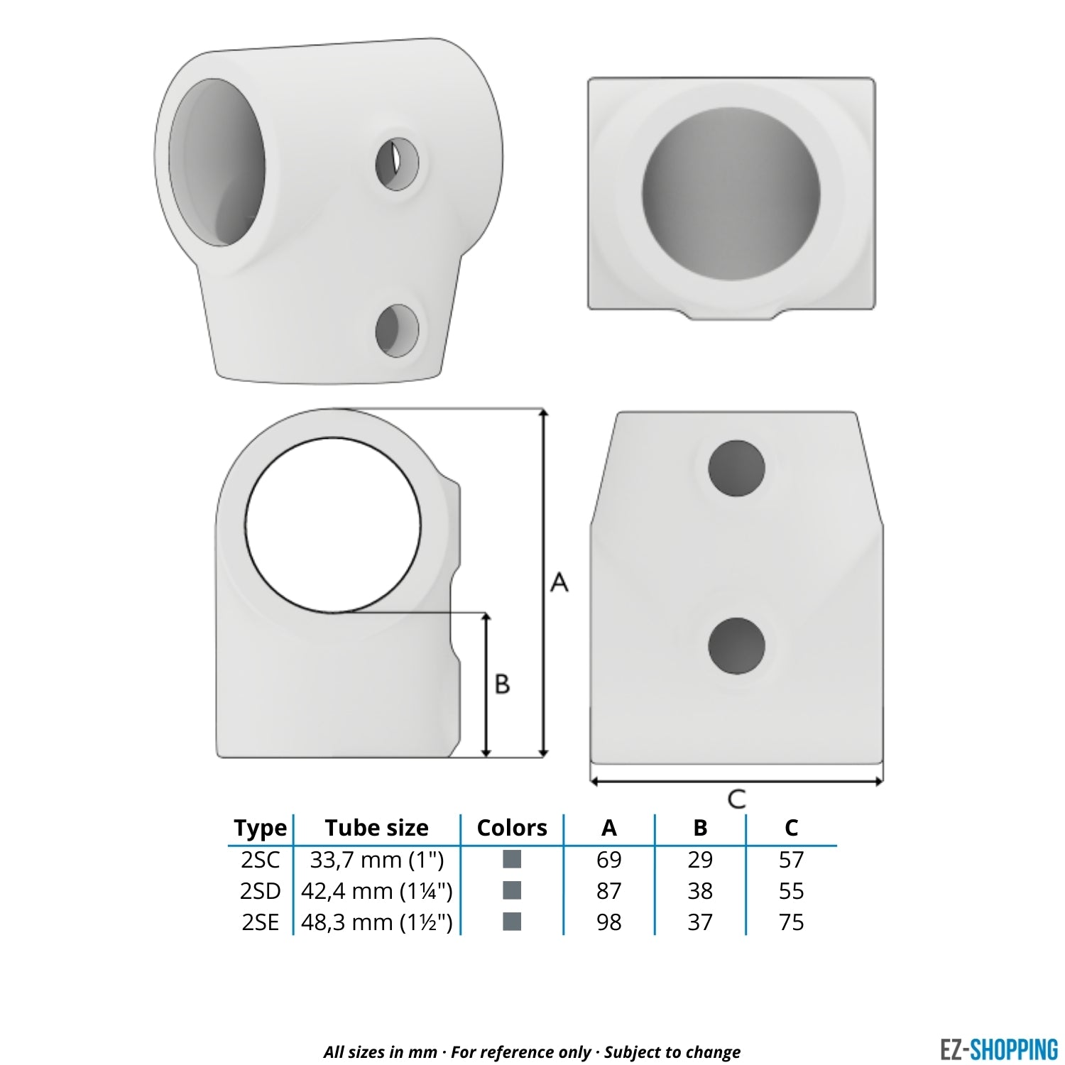 Rohrverbinder T-Stück kurz ±11º 42,4 mm - Maßtabelle - technische Zeichnung (Rohr-verbinder.de)