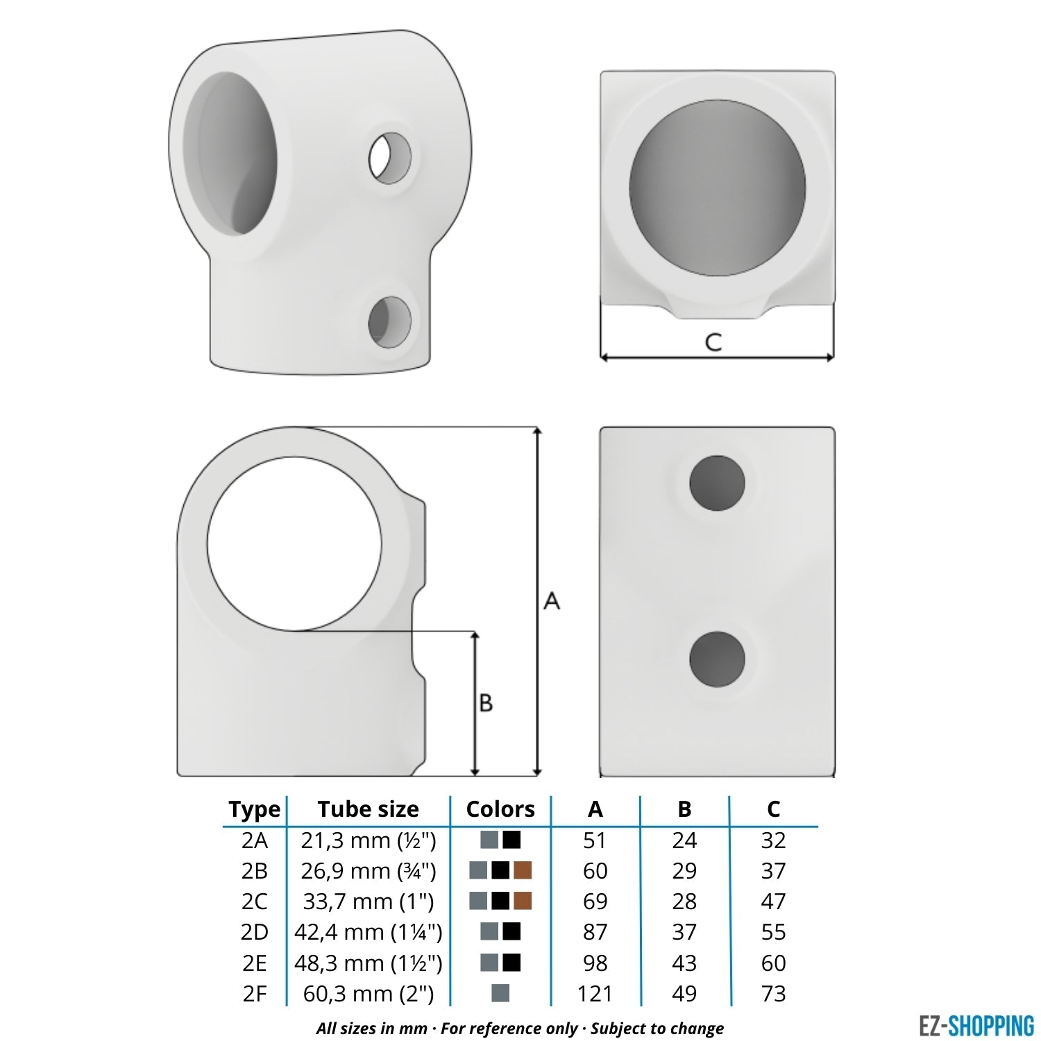 Rohrverbinder T-Stück kurz 33,7 mm - Maßtabelle - technische Zeichnung (Rohr-verbinder.de)