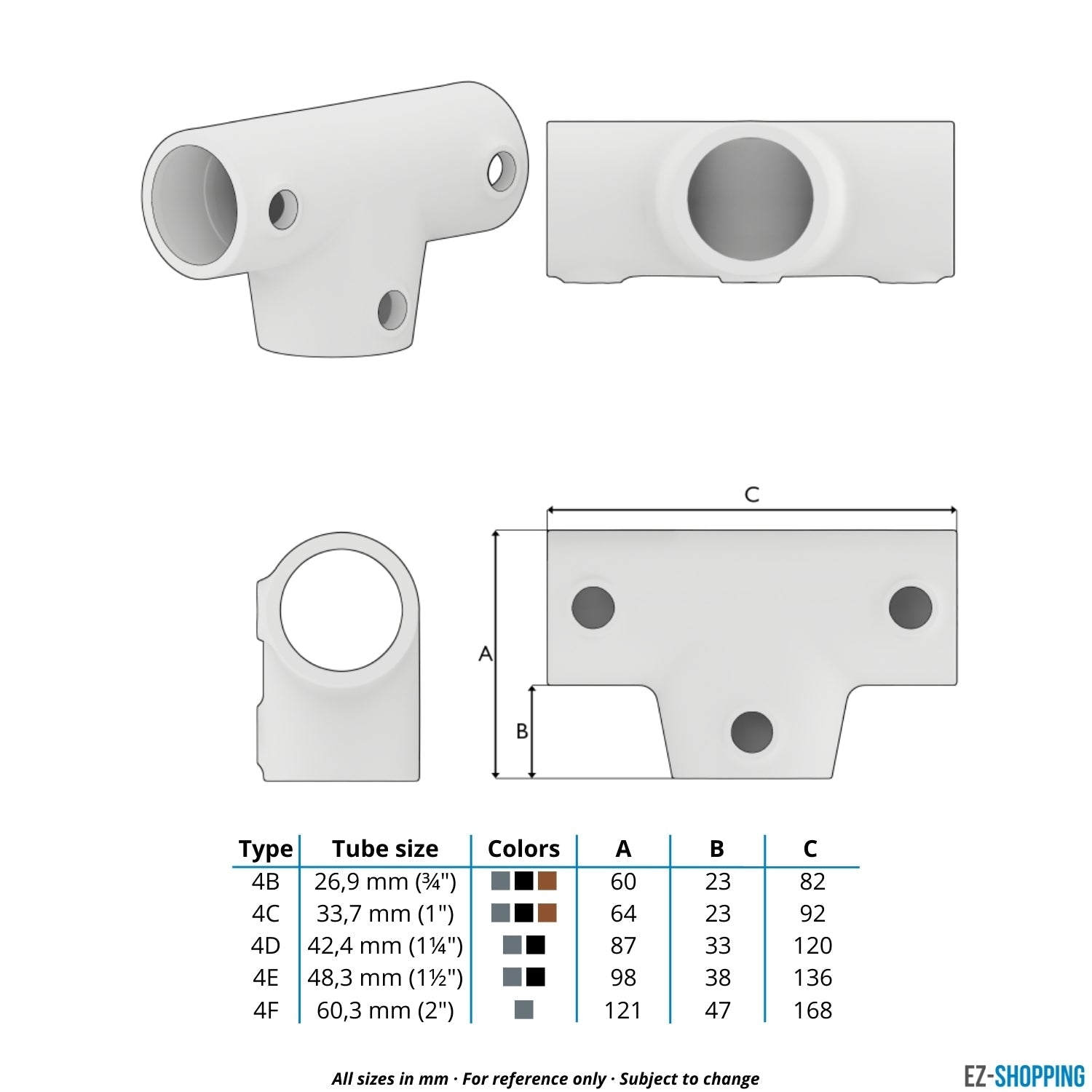 Rohrverbinder T-Stück lang 48,3 mm - Maßtabelle - technische Zeichnung (Rohr-verbinder.de)