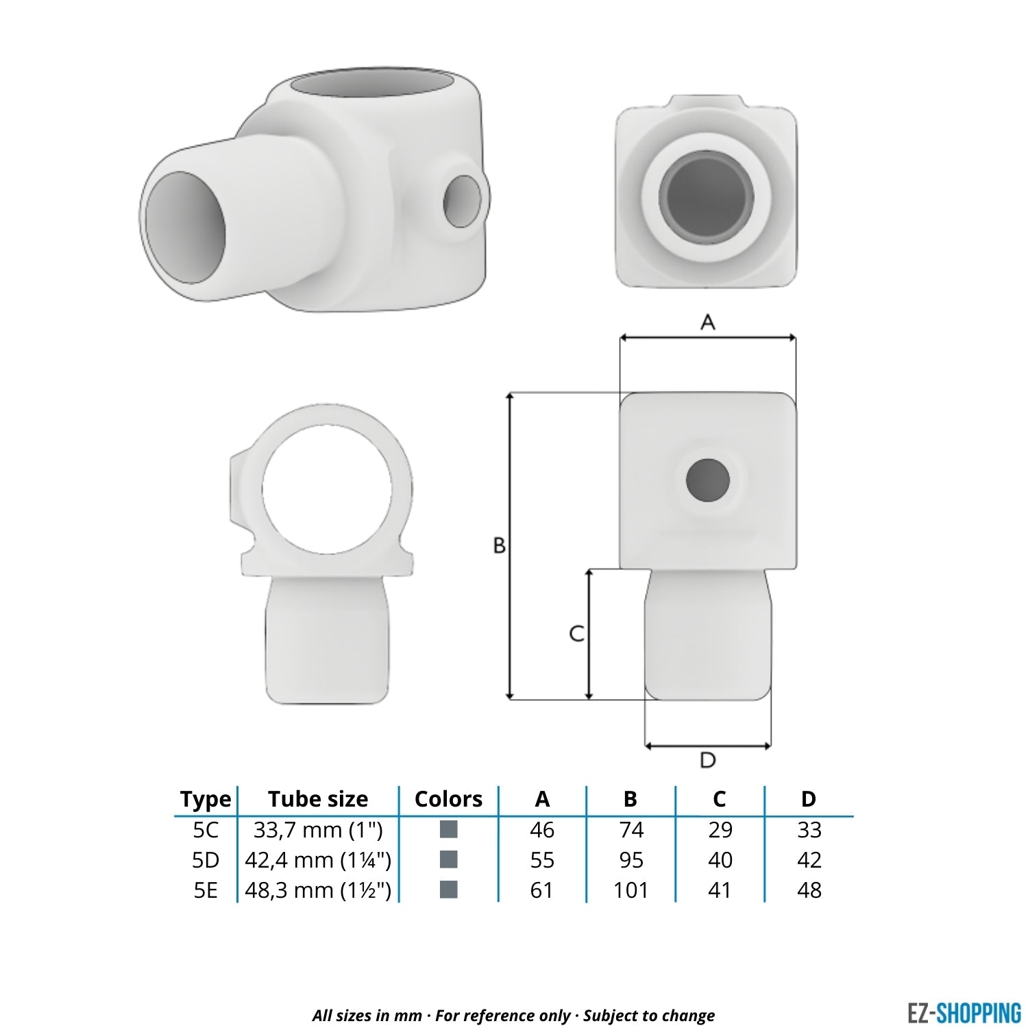 Rohrverbinder T-Stück innenseitig drehbar 33,7 mm - Maßtabelle - technische Zeichnung (Rohr-verbinder.de)