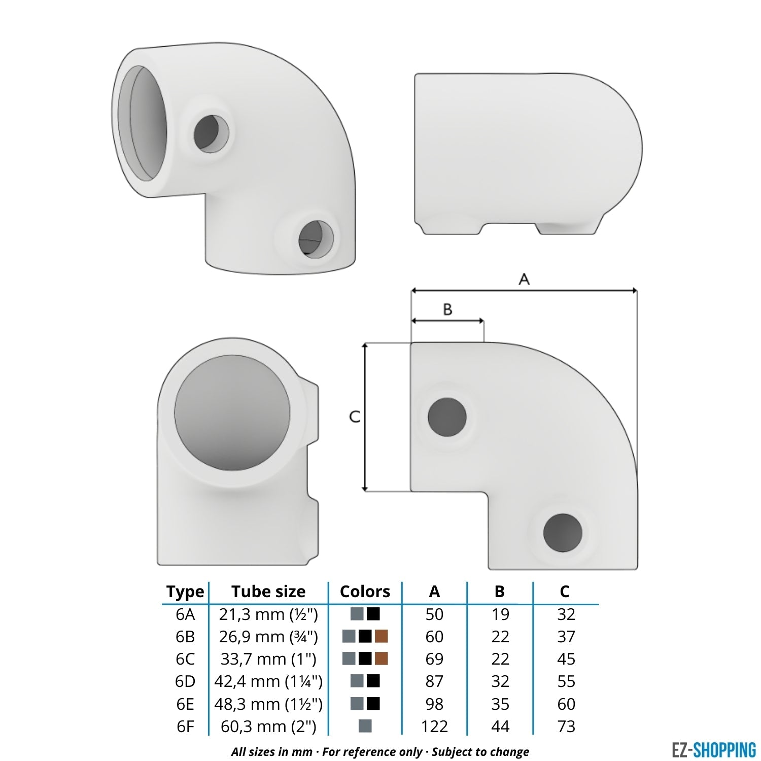 Rohrverbinder Bogen 90º schwarz 21,3 mm - Maßtabelle - technische Zeichnung (Rohr-verbinder.de)