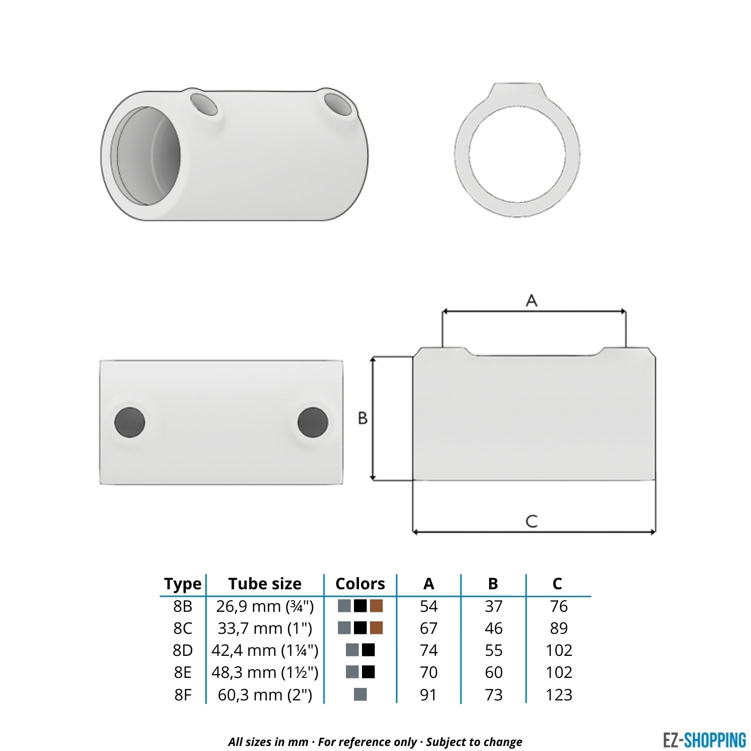 Rohrverbinder Verlängerungsstück 42,4 mm - Maßtabelle - technische Zeichnung (Rohr-verbinder.de)