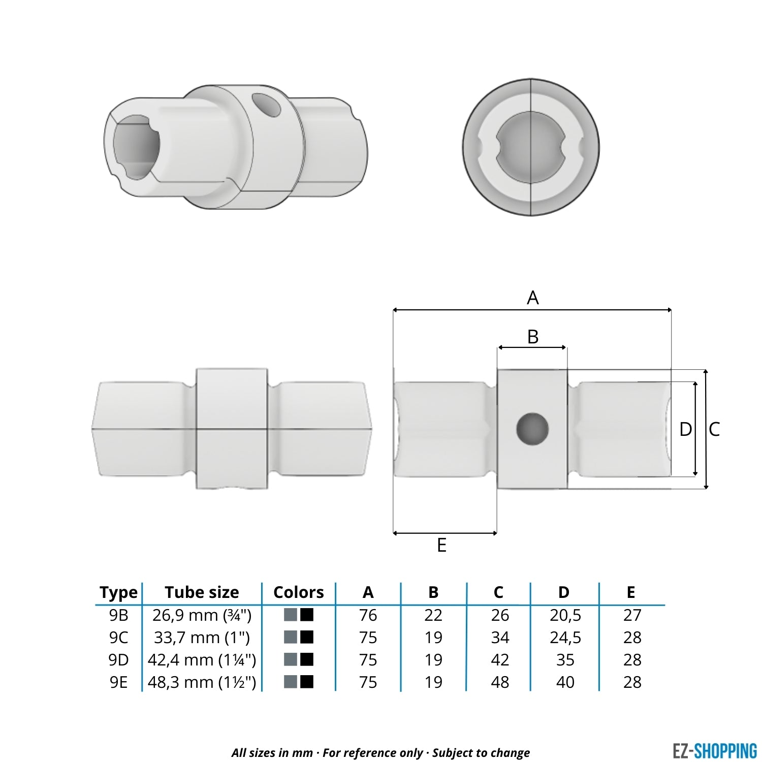 Rohrverbinder Verbindungsstück innen schwarz 33,7 mm - Maßtabelle - technische Zeichnung (Rohr-verbinder.de)