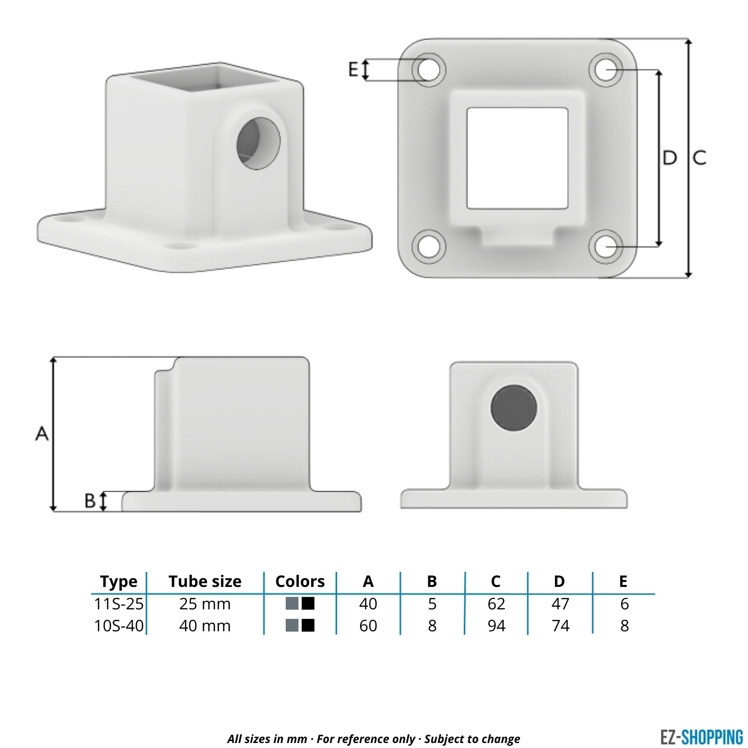 Rohrverbinder Fußplatte schwarz 40 mm quadratisch - Maßtabelle - technische Zeichnung (Rohr-verbinder.de)