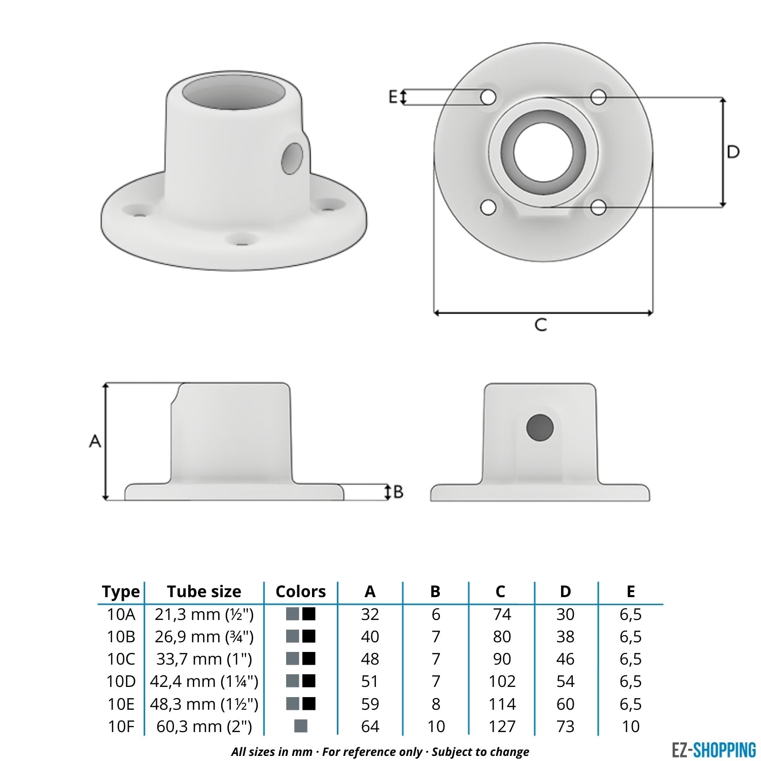 Rohrverbinder Fußplatte rund schwarz 21,3 mm - Maßtabelle - technische Zeichnung (Rohr-verbinder.de)