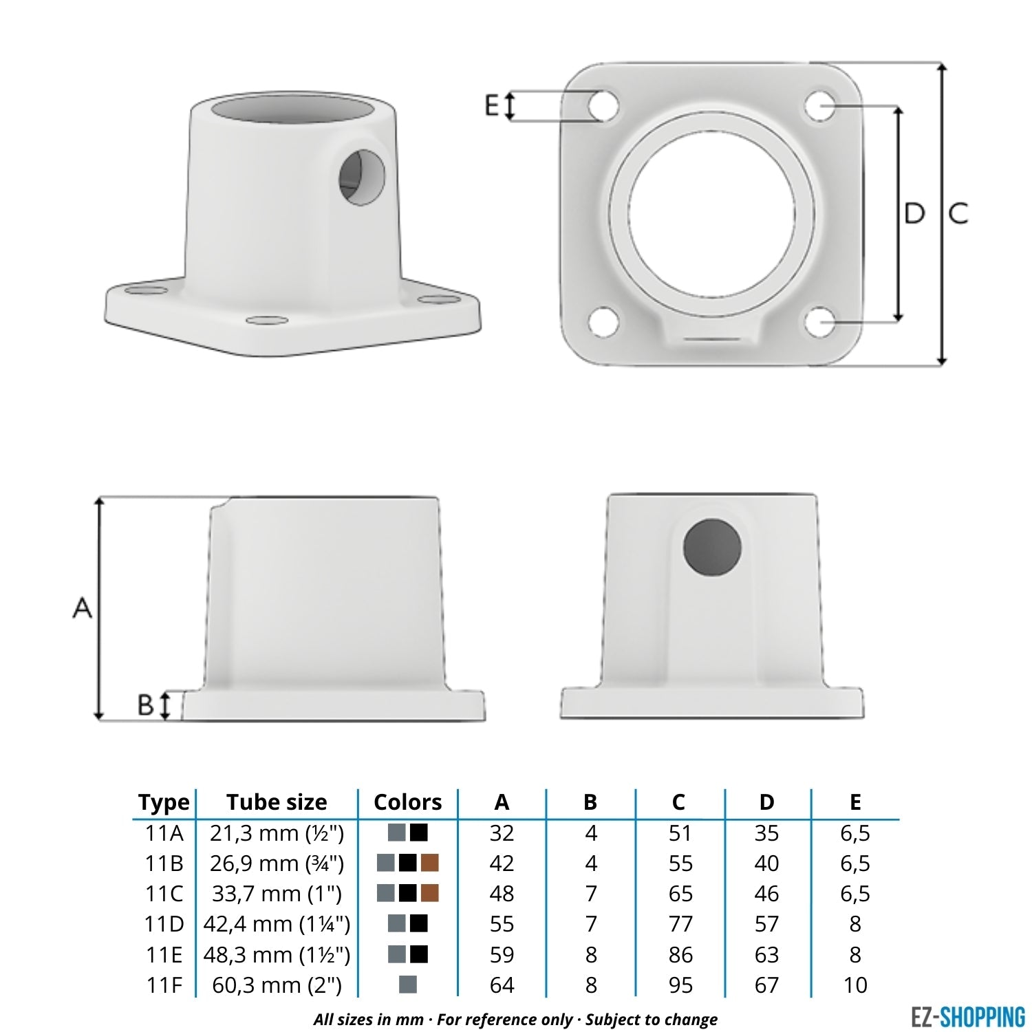 Rohrverbinder Fußplatte quadratisch schwarz 42,4 mm - Maßtabelle - technische Zeichnung (Rohr-verbinder.de)