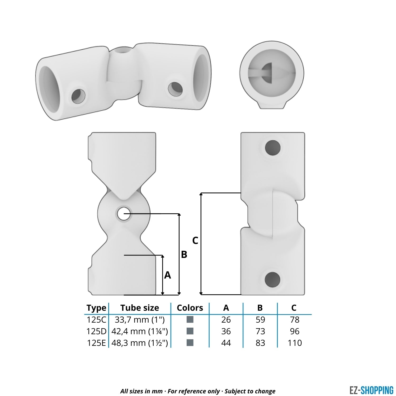 Rohrverbinder Eckstück verstellbar 42,4 mm - Maßtabelle - technische Zeichnung (Rohr-verbinder.de)