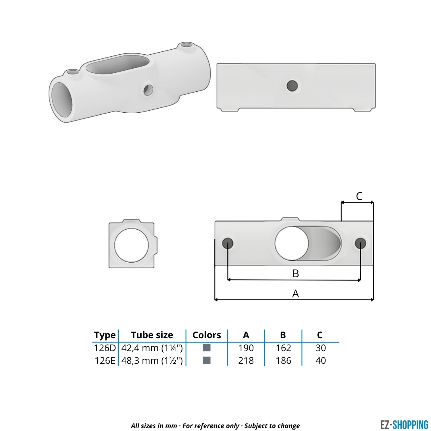 Rohrverbinder Kreuzstück 45º-90º 48,3 mm - Maßtabelle - technische Zeichnung (Rohr-verbinder.de)