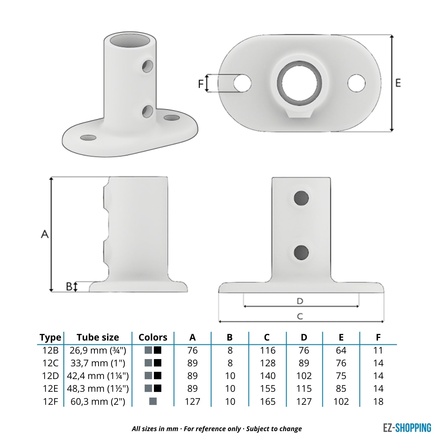 Rohrverbinder Fußplatte oval schwarz 48,3 mm - Maßtabelle - technische Zeichnung (Rohr-verbinder.de)
