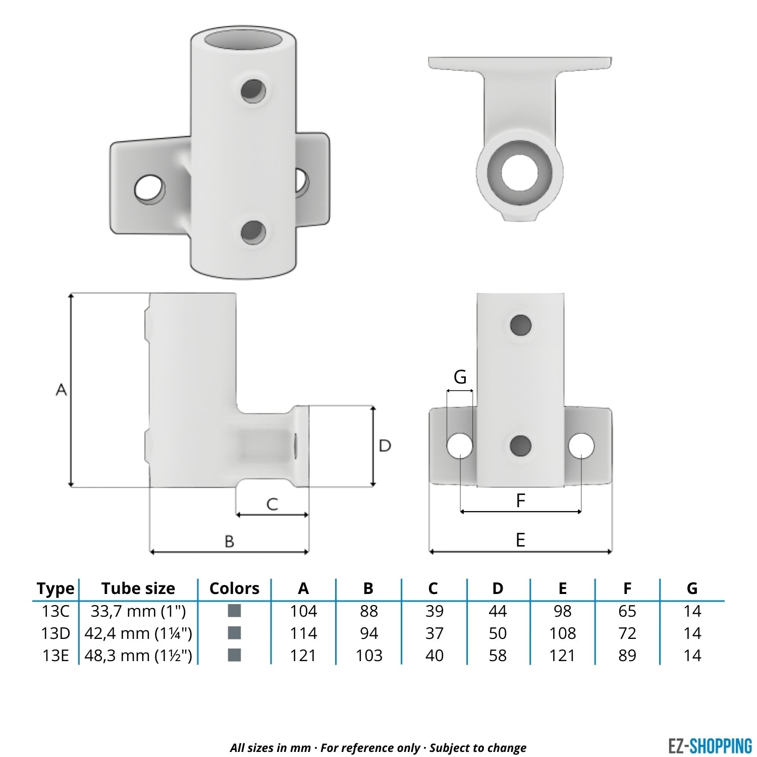 Rohrverbinder Wandhalter horizontal 42,4 mm - Maßtabelle - technische Zeichnung (Rohr-verbinder.de)