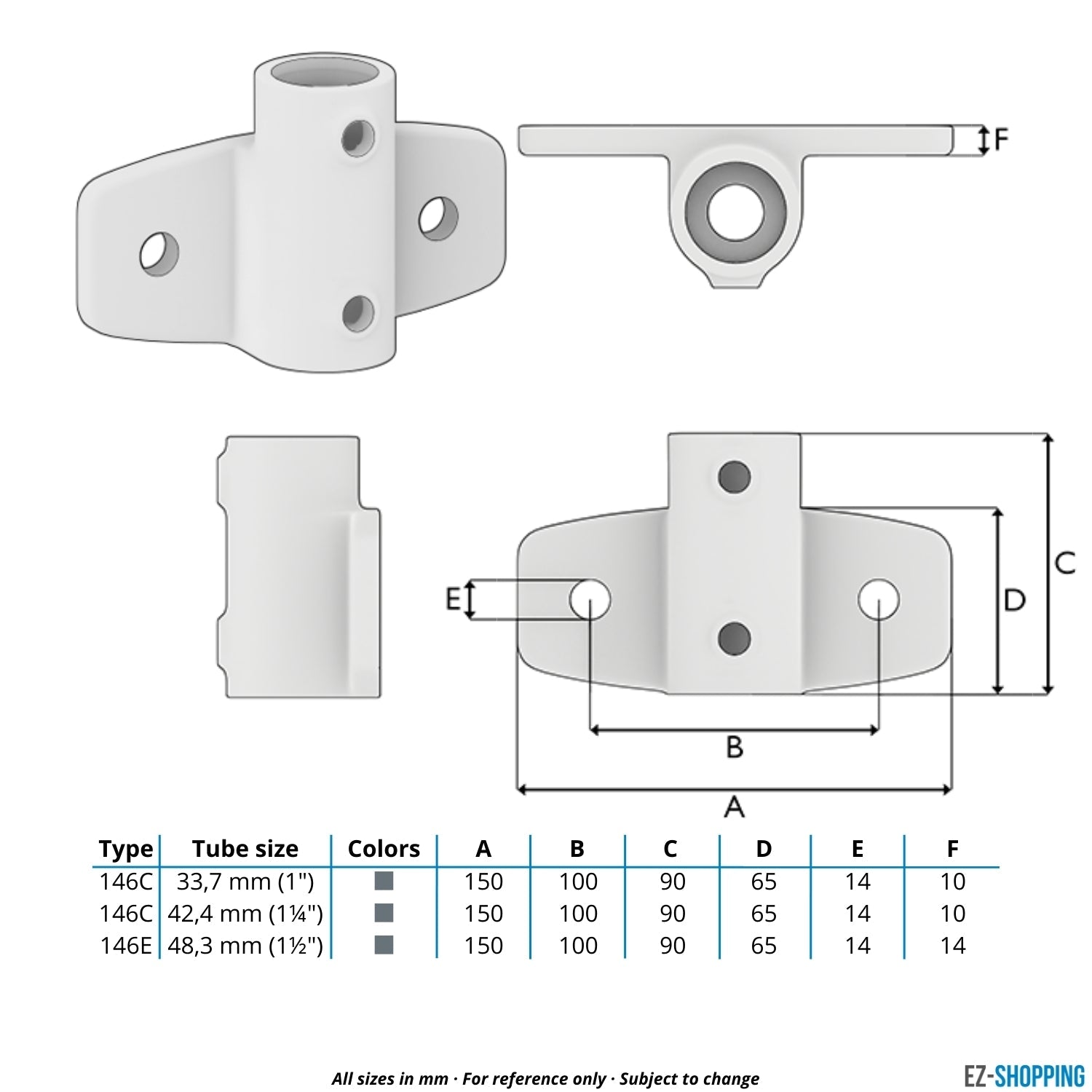 Rohrverbinder Wandhalter Schwerlast horizontal 33,7 mm - Maßtabelle - technische Zeichnung (Rohr-verbinder.de)