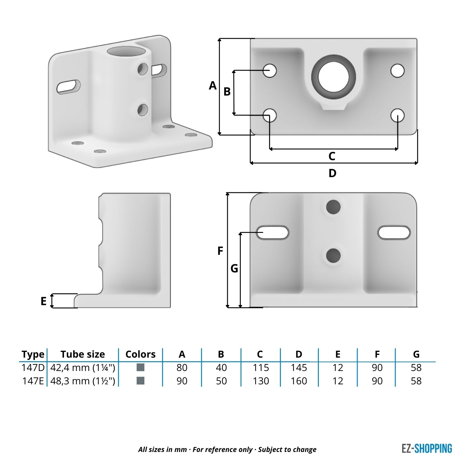 Rohrverbinder Trittrand-Fußplatte 42,4 mm - Maßtabelle - technische Zeichnung (Rohr-verbinder.de)