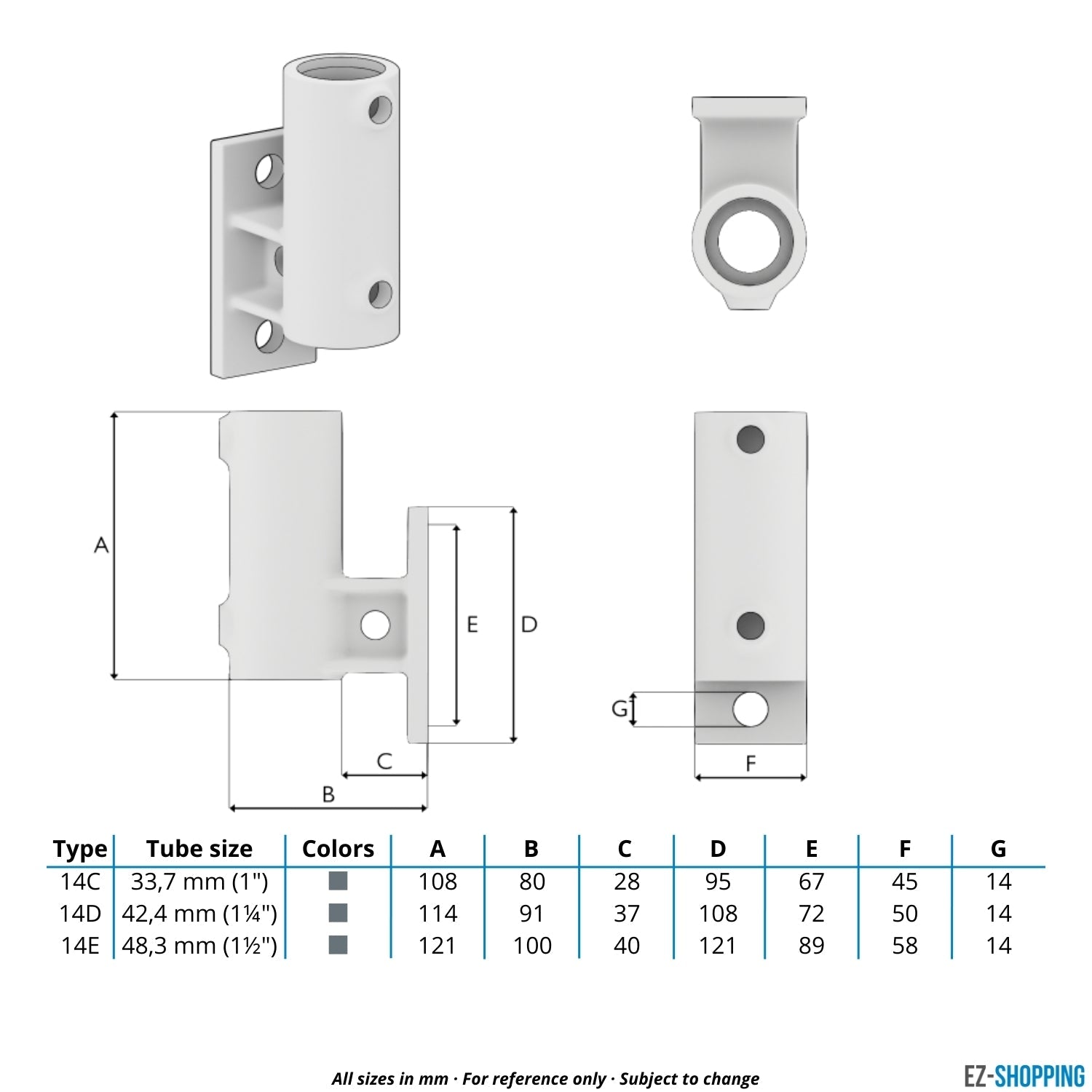 Rohrverbinder Wandhalter vertikal 48,3 mm - Maßtabelle - technische Zeichnung (Rohr-verbinder.de)