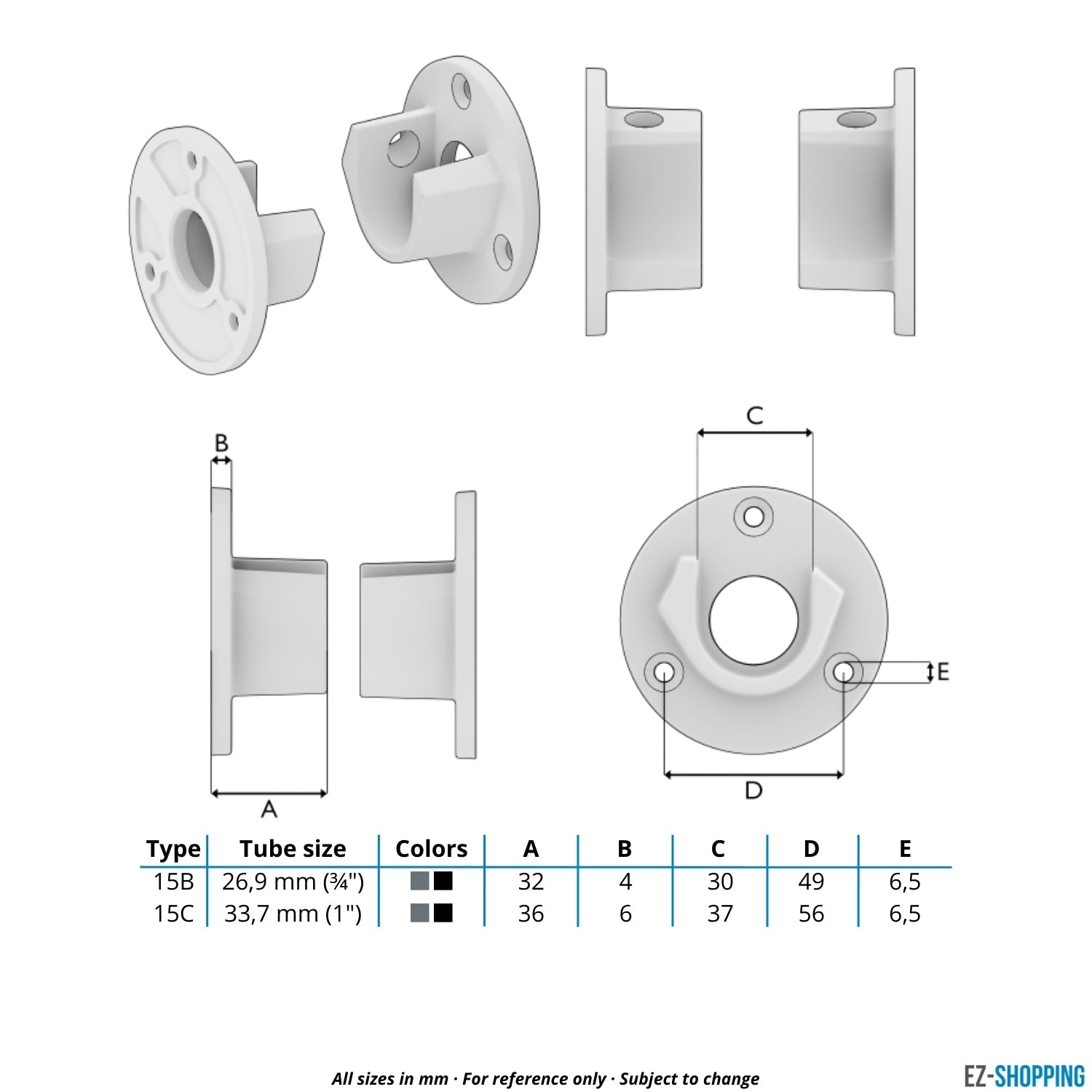 Rohrverbinder Stangenhalter schwarz (Set) 26,9 mm - Maßtabelle - technische Zeichnung (Rohr-verbinder.de)