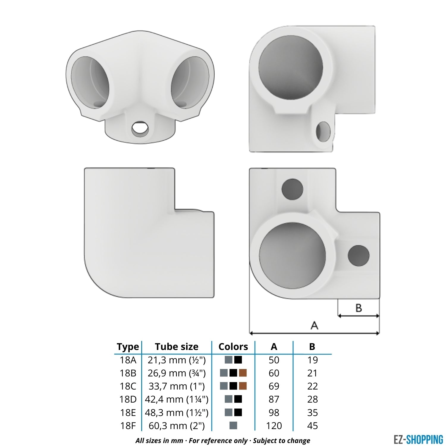 Rohrverbinder Dreiweg-Eckstück 90º 48,3 mm - Maßtabelle - technische Zeichnung (Rohr-verbinder.de)