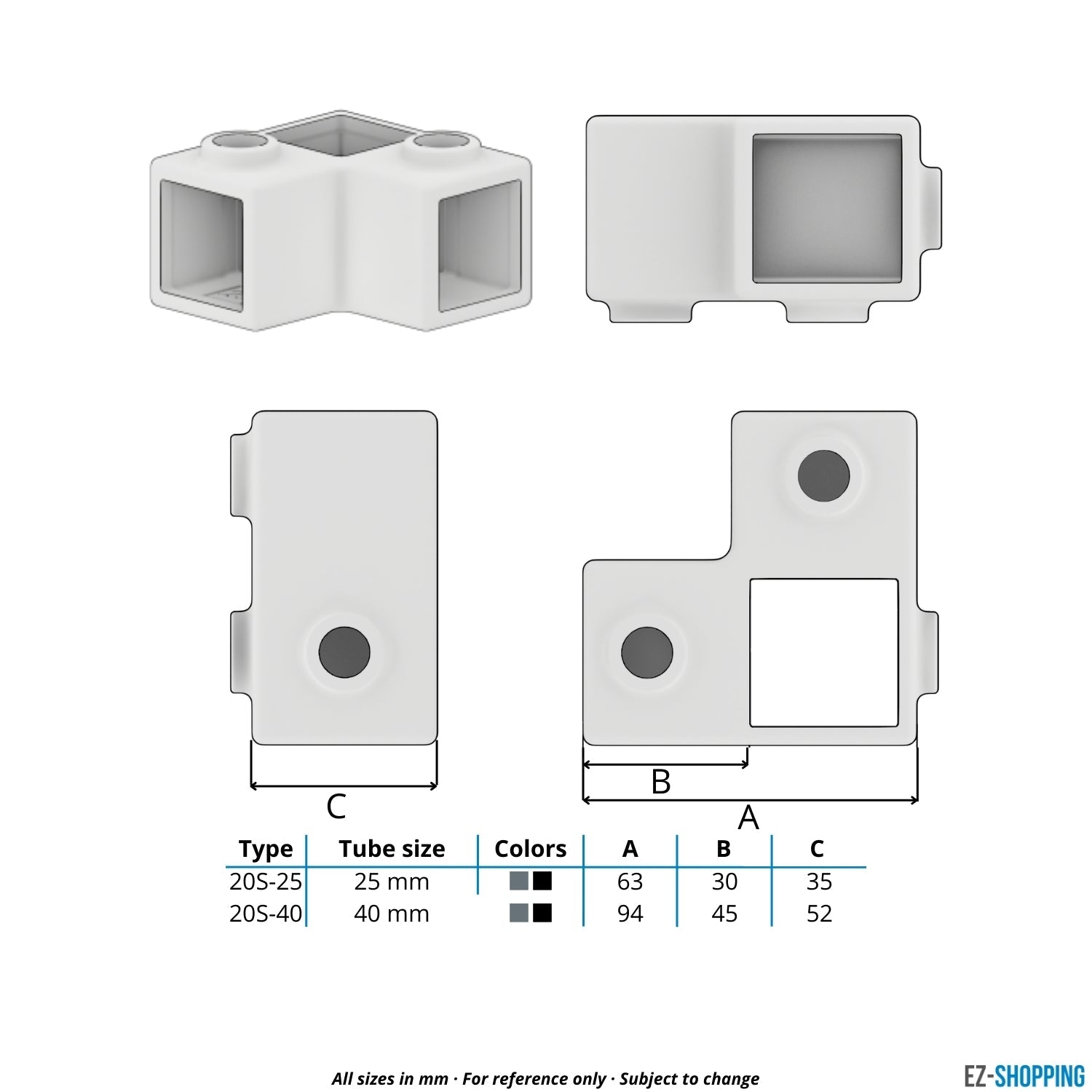 Rohrverbinder Eckstück 90º 25 mm quadratisch - Maßtabelle - technische Zeichnung (Rohr-verbinder.de)