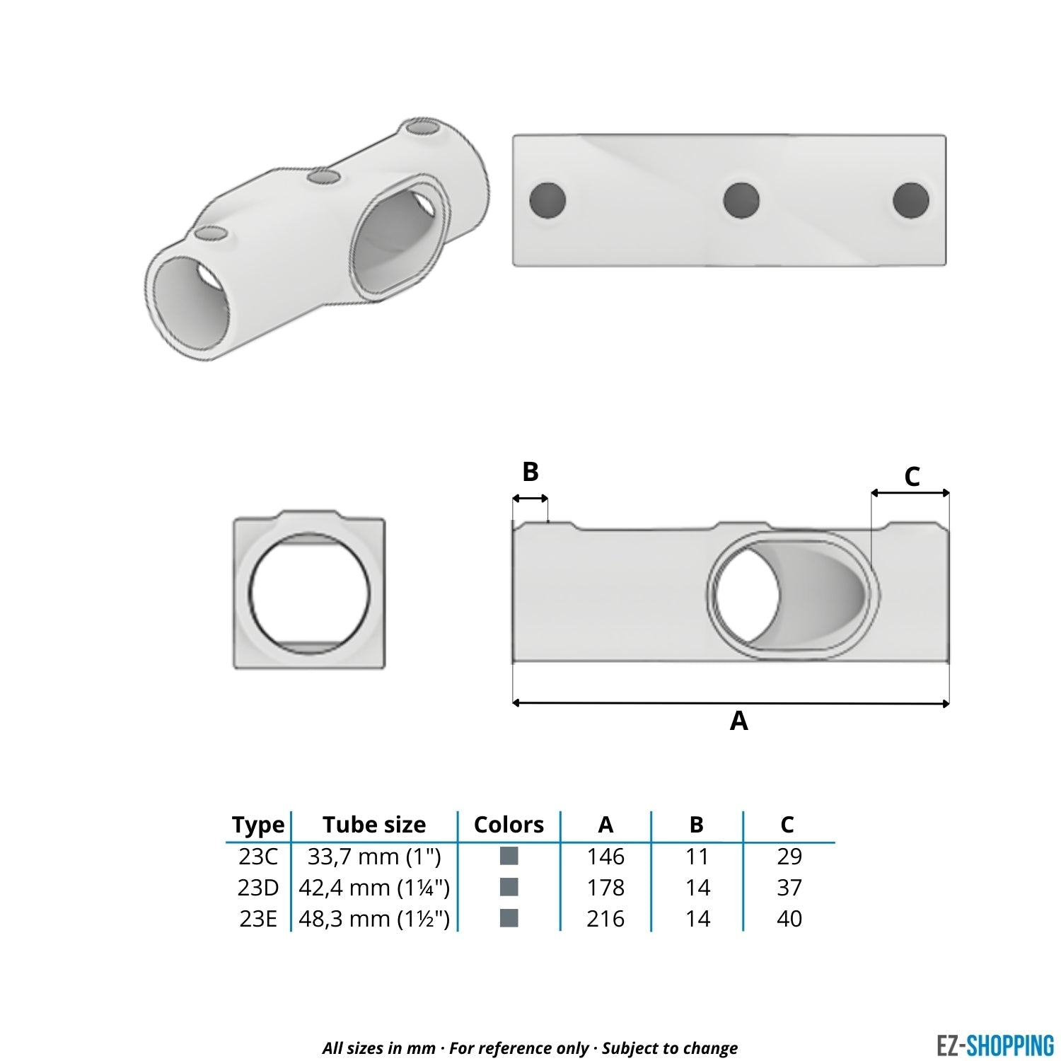 Rohrverbinder Kreuzstück 30-45º 33,7 mm - Maßtabelle - technische Zeichnung (Rohr-verbinder.de)
