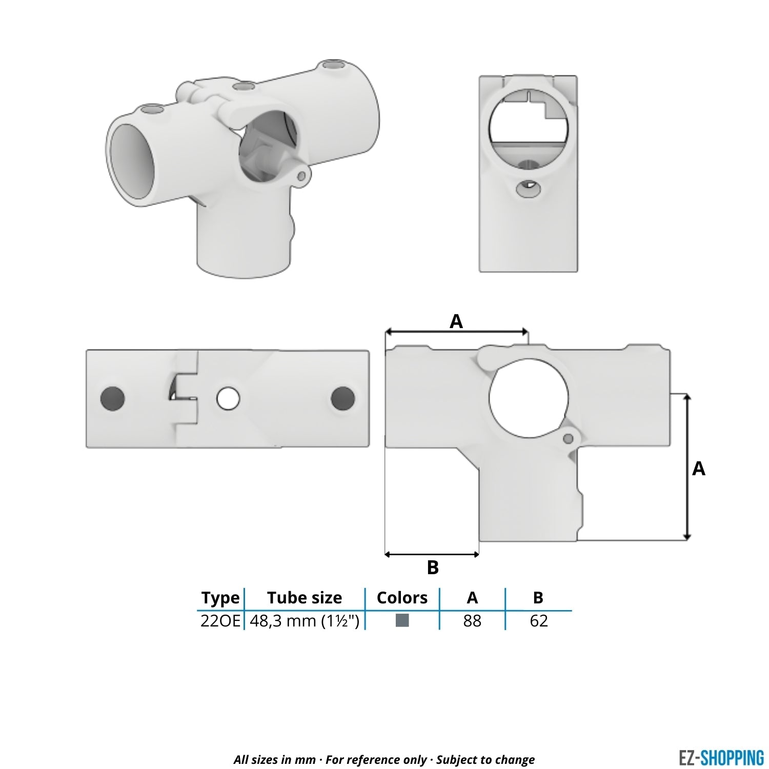 Rohrverbinder T-Stück für Stützrohr offen klappbar 48,3 mm - Maßtabelle - technische Zeichnung (Rohr-verbinder.de)