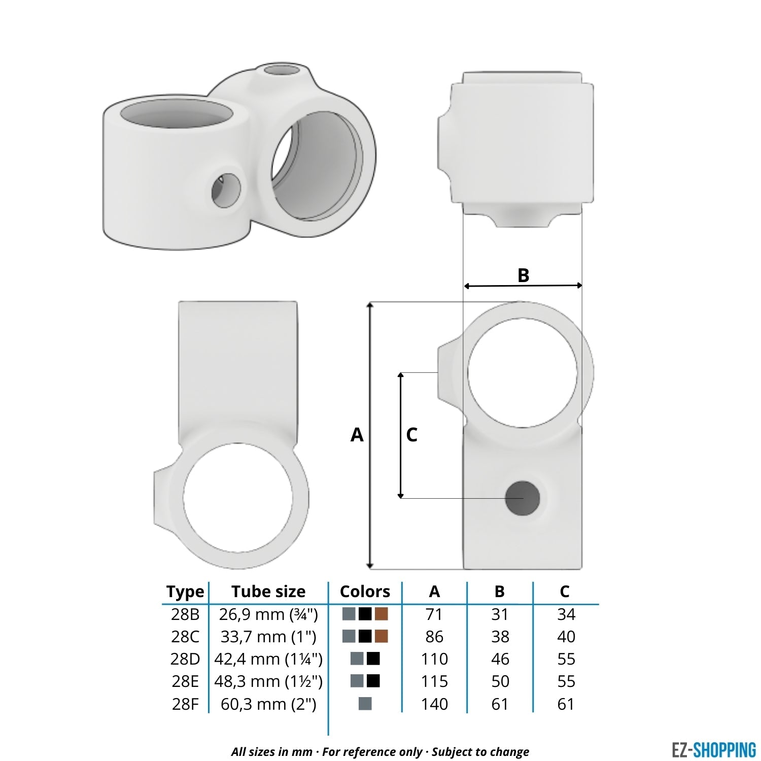 Rohrverbinder Kreuzstück 90º 33,7 mm - Maßtabelle - technische Zeichnung (Rohr-verbinder.de)