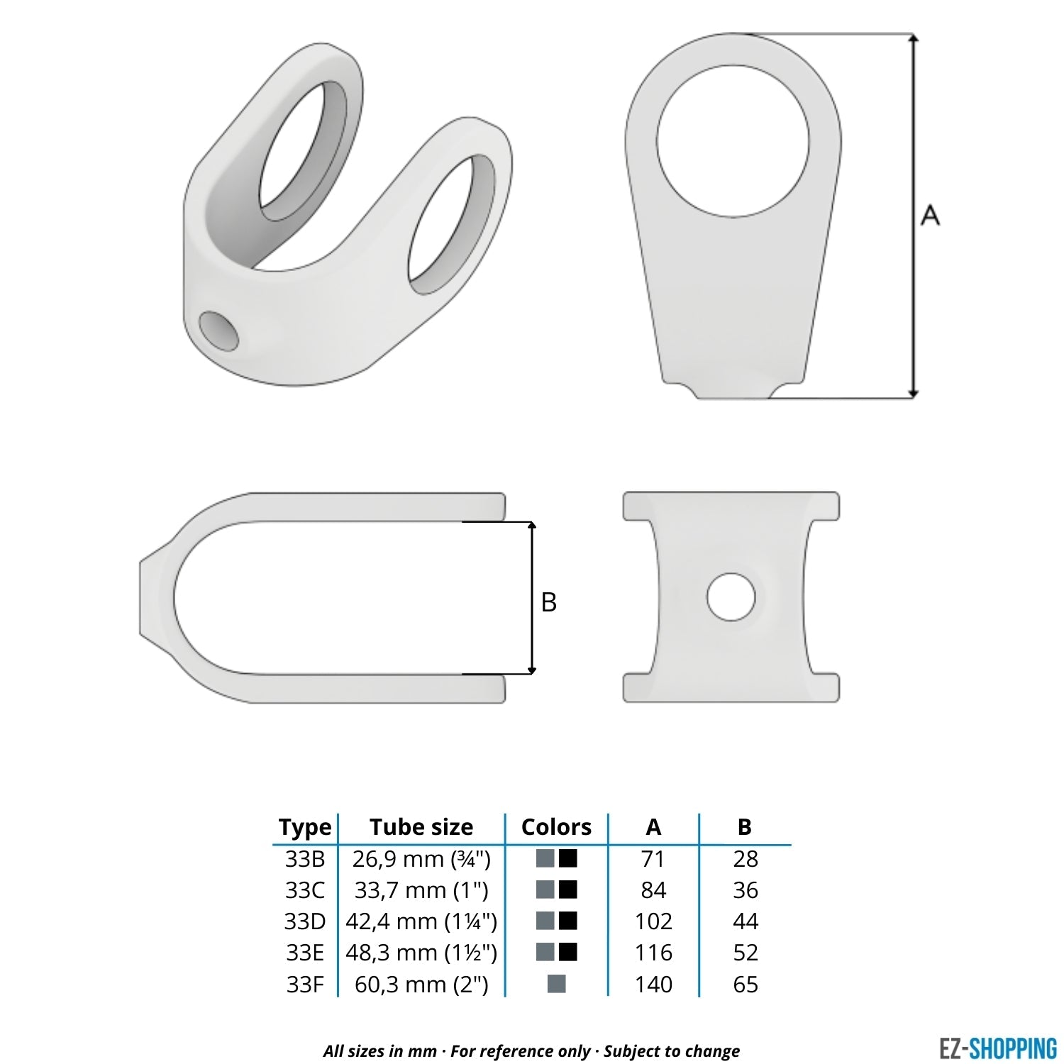 Rohrverbinder Kreuzstück offen schwarz 33,7 mm - Maßtabelle - technische Zeichnung (Rohr-verbinder.de)