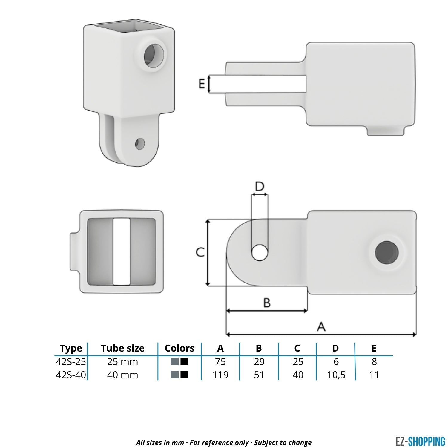 Rohrverbinder Gelenhalter 40 mm quadratisch - Maßtabelle - technische Zeichnung (Rohr-verbinder.de)