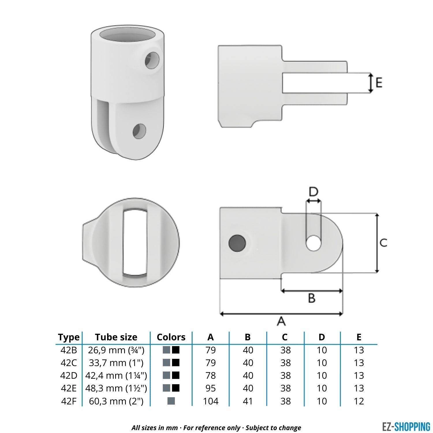 Rohrverbinder Gelenkhalter 60,3 mm - Maßtabelle - technische Zeichnung (Rohr-verbinder.de)