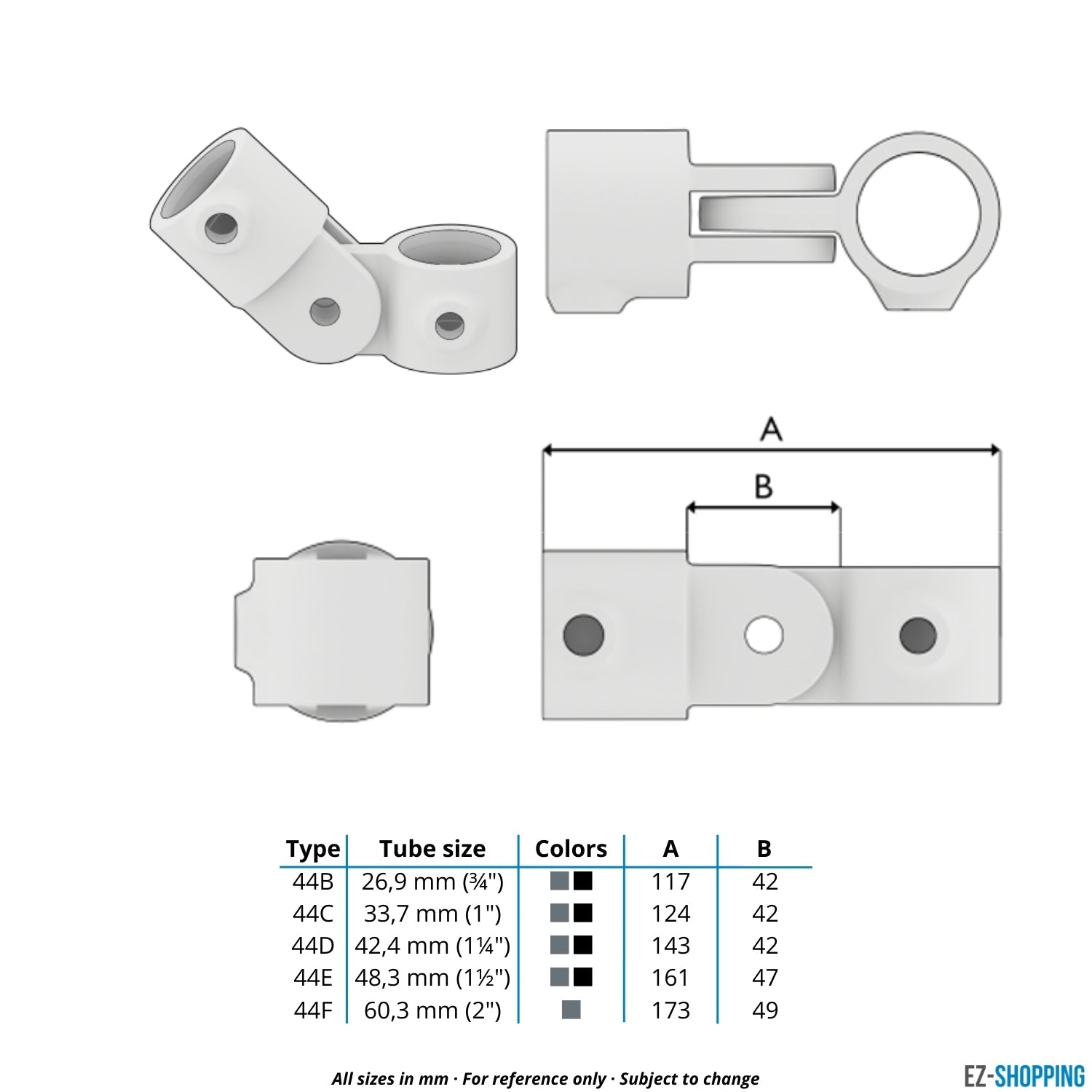 Rohrverbinder Gelenkstück einfach 48,3 mm - Maßtabelle - technische Zeichnung (Rohr-verbinder.de)