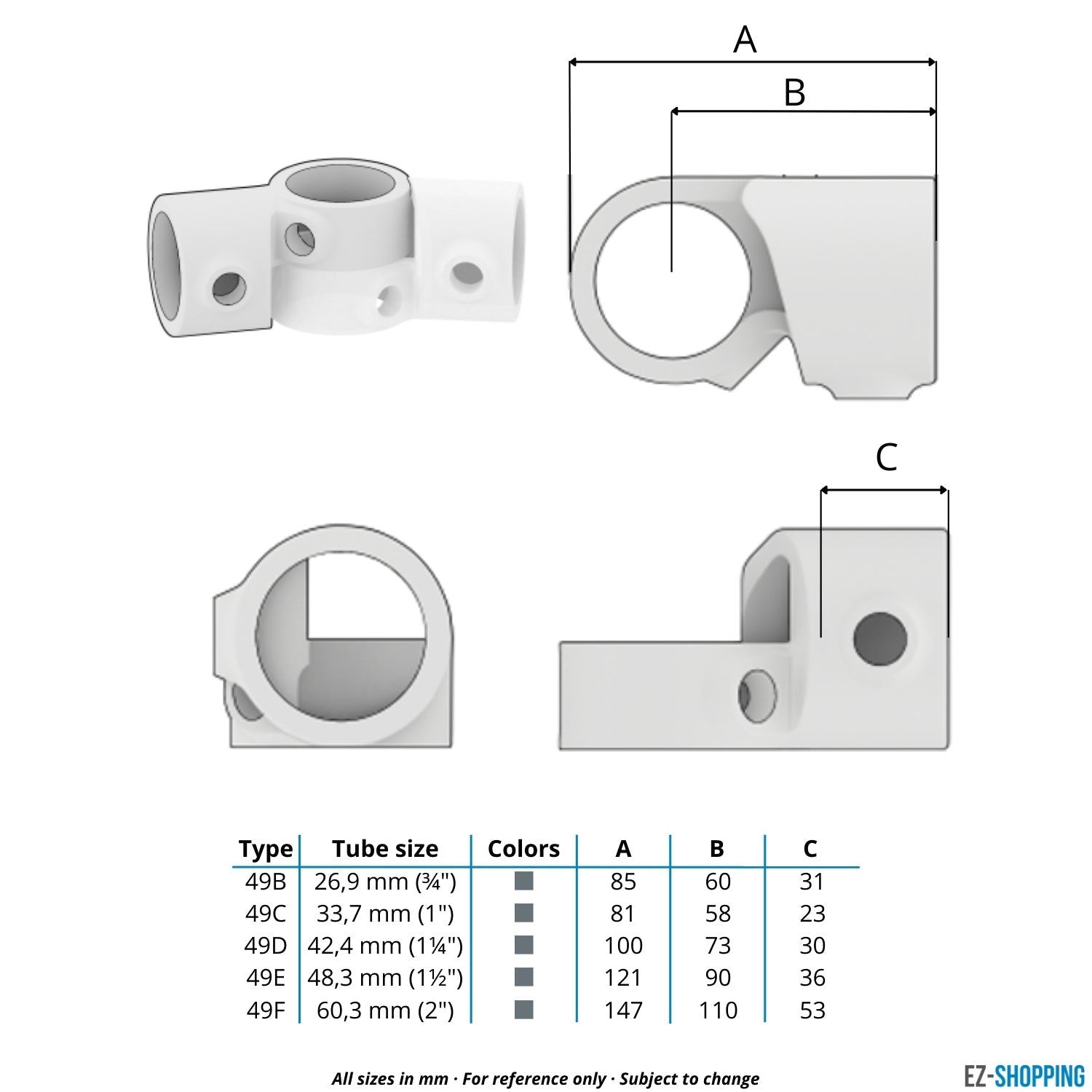 Rohrverbinder Winkelgelenk verstellbar 26,9 mm - 1 Stück - Maßtabelle - technische Zeichnung (Rohr-verbinder.de)