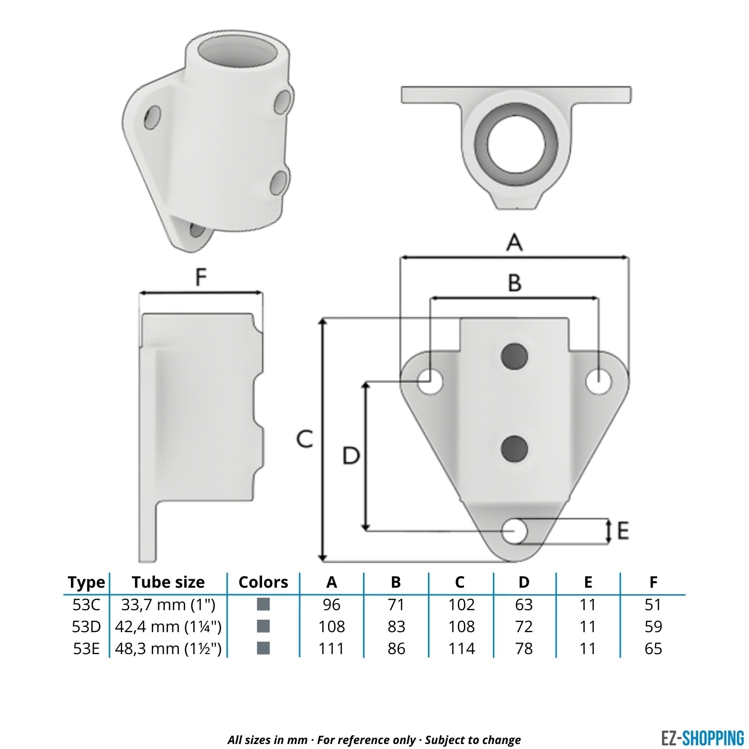 Rohrverbinder Wandhalter Dreieckflansch 42,4 mm - Maßtabelle - technische Zeichnung (Rohr-verbinder.de)
