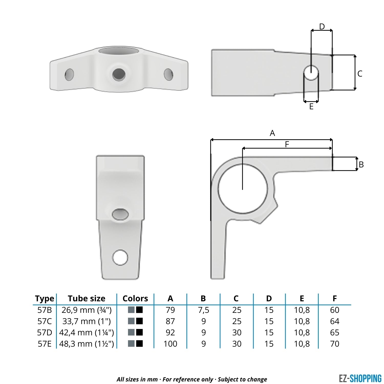 Rohrverbinder Ösenteil mit Doppellasche 90º 33,7 mm - Maßtabelle - technische Zeichnung (Rohr-verbinder.de)