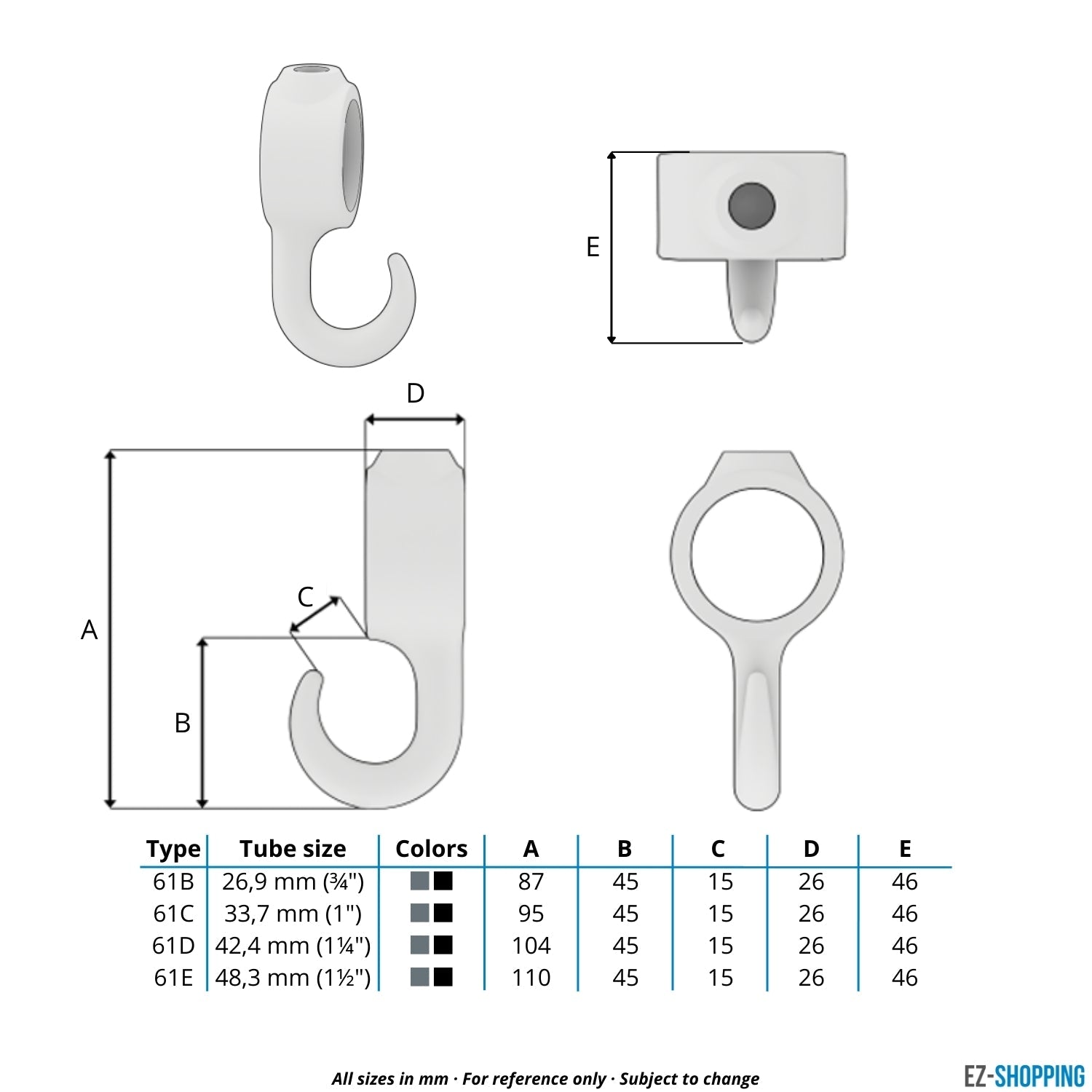 Rohrverbinder Stellring mit Haken 26,9 mm - Maßtabelle - technische Zeichnung (Rohr-verbinder.de)
