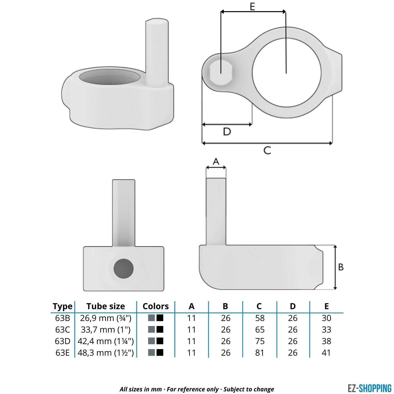 Rohrverbinder Stellringzapfen schwarz 42,4 mm - Maßtabelle - technische Zeichnung (Rohr-verbinder.de)