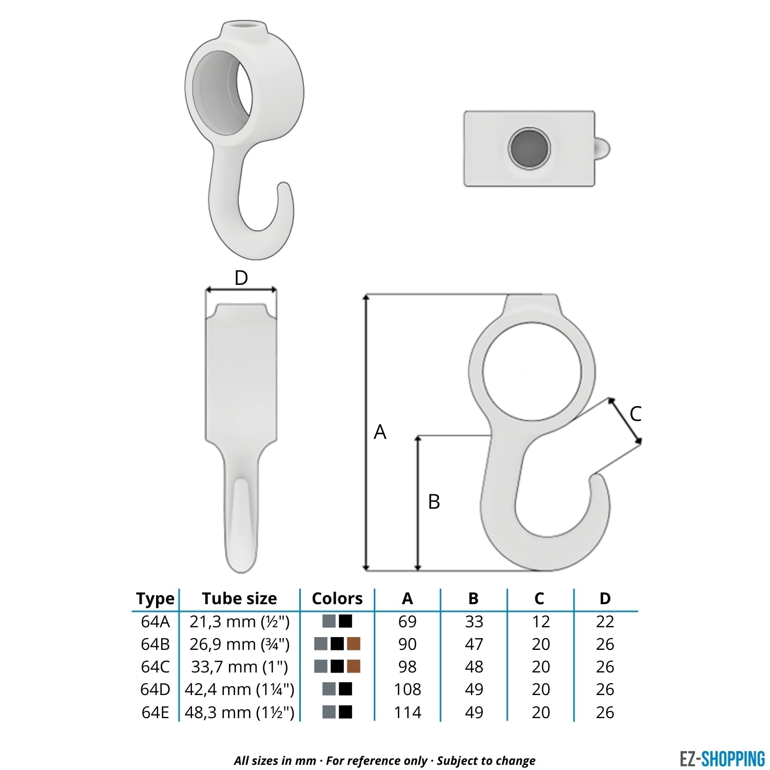 Rohrverbinder Kleiderhaken 48,3 mm - Maßtabelle - technische Zeichnung (Rohr-verbinder.de)