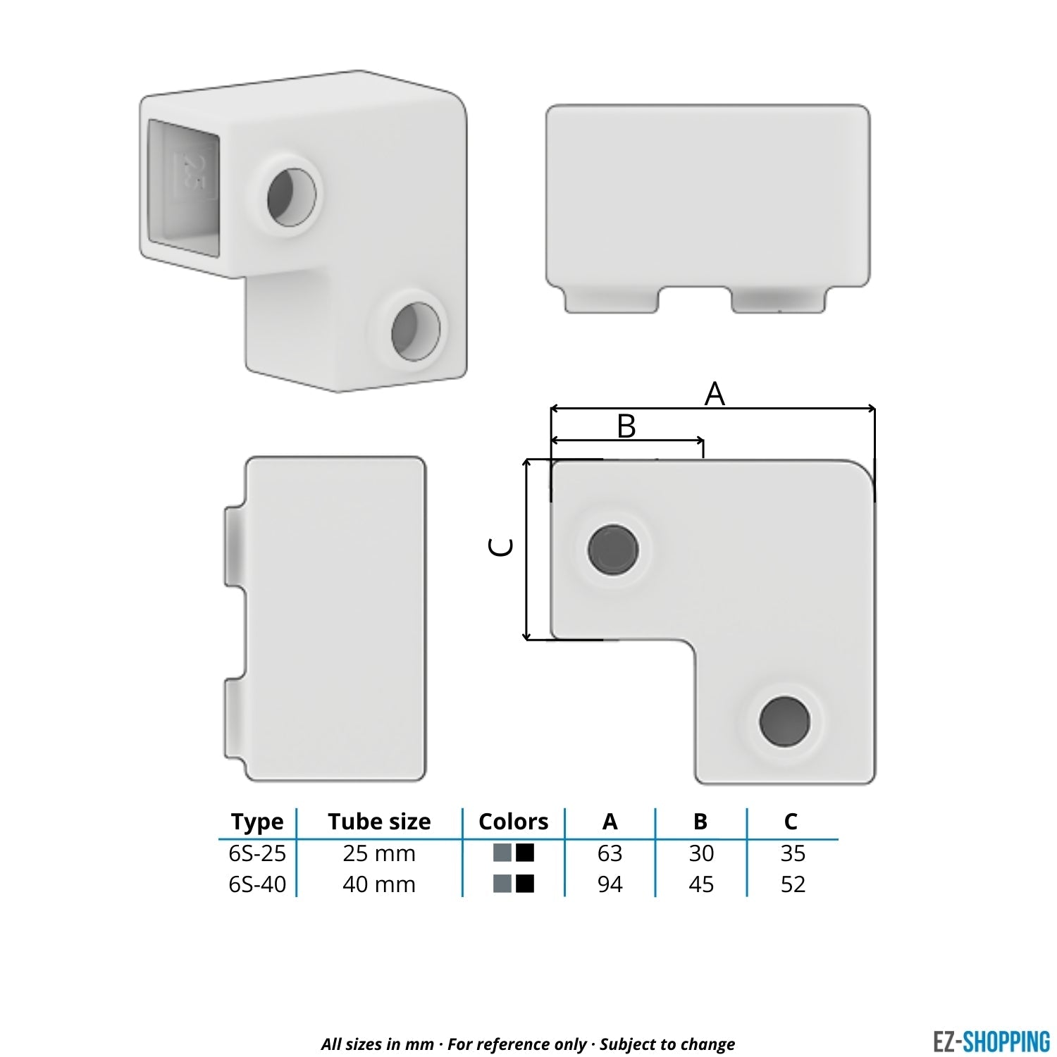 Rohrverbinder Bogen 90º schwarz 25 mm quadratisch - Maßtabelle - technische Zeichnung (Rohr-verbinder.de)