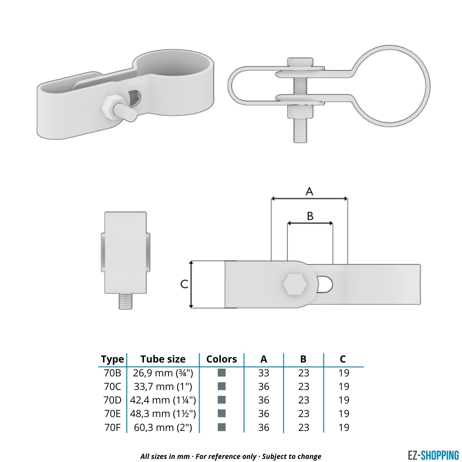 Rohrverbinder Gitterhalter einfach 42,4 mm - Maßtabelle - technische Zeichnung (Rohr-verbinder.de)
