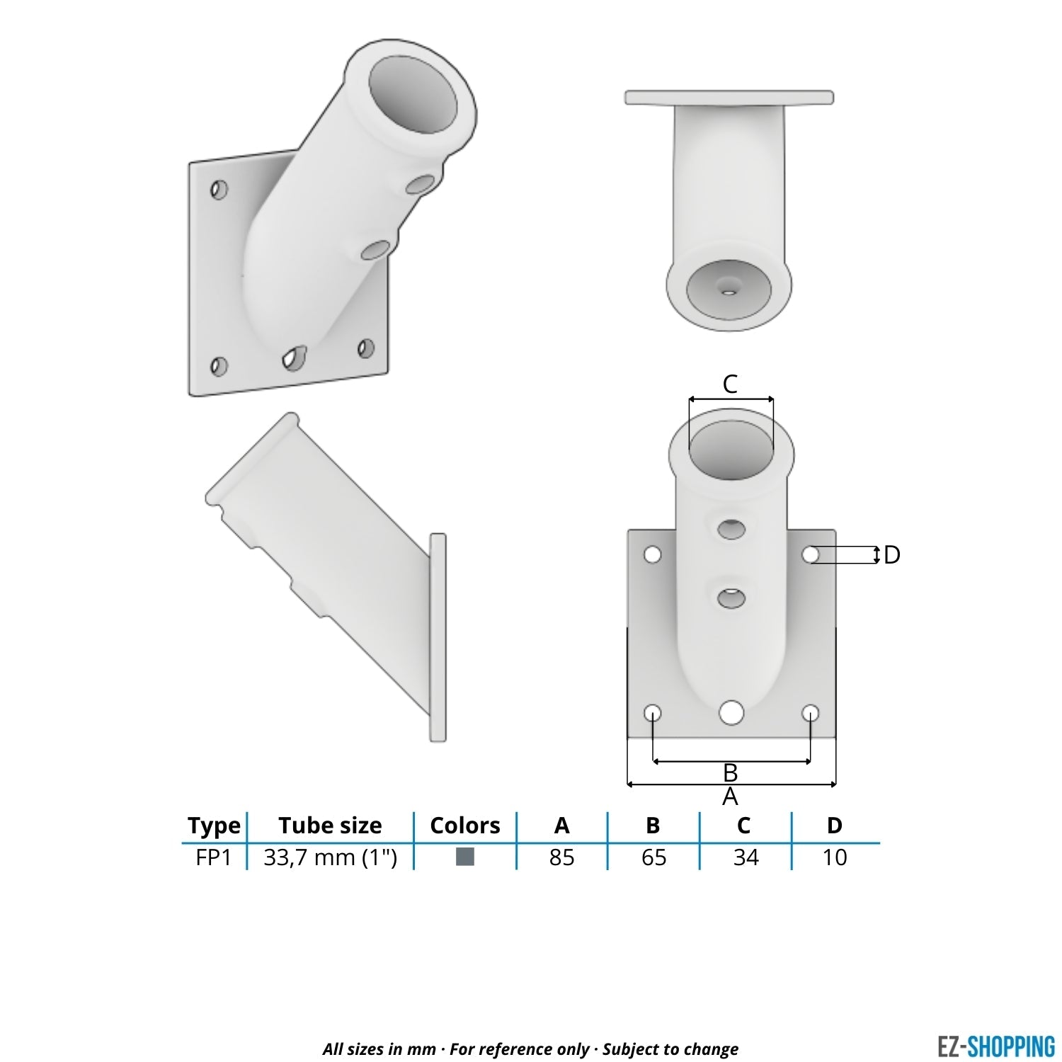 Rohrverbinder Fahnenhalterung 33,7 mm - Maßtabelle - technische Zeichnung (Rohr-verbinder.de)