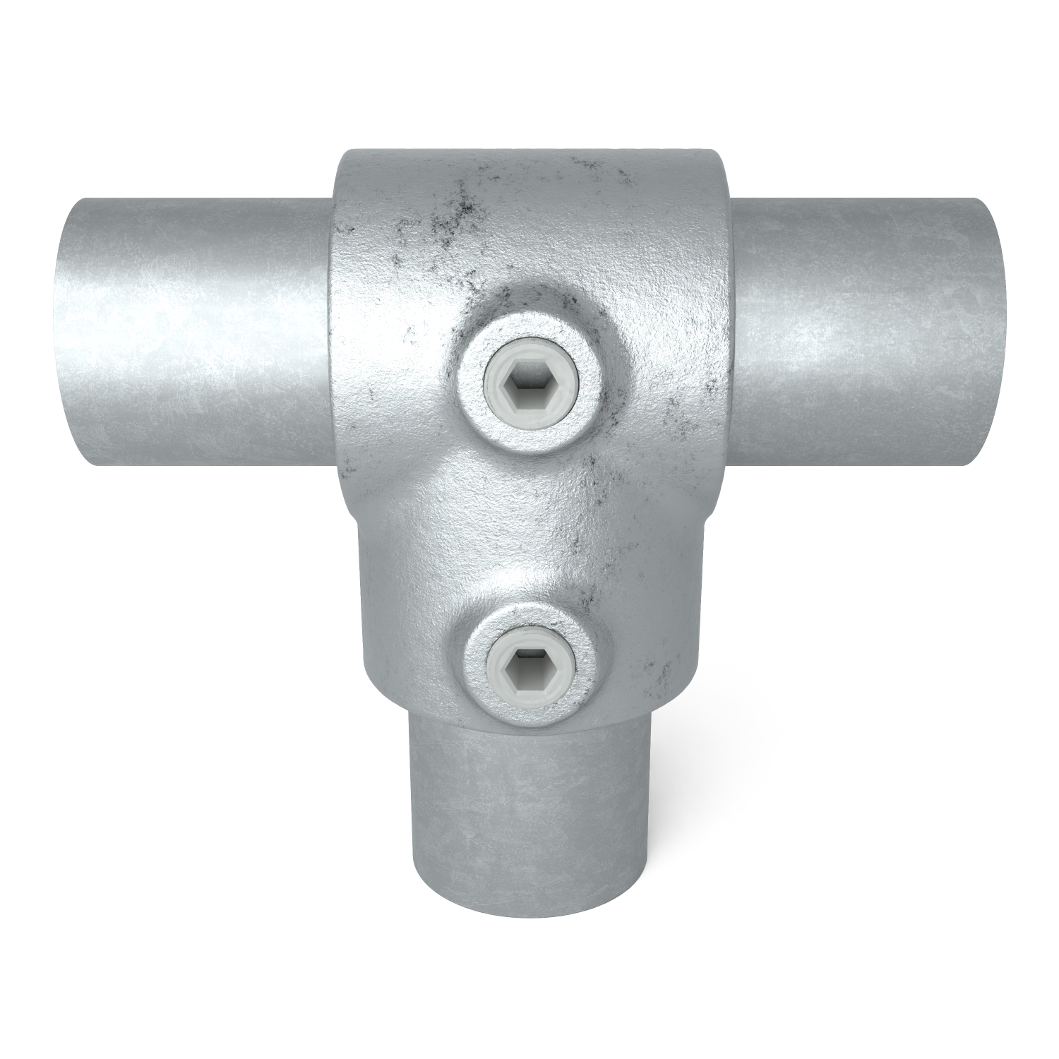 Rohrverbinder T-Stück kurz 33,7 mm - Vorderansicht mit Rohren (Rohr-verbinder.de)