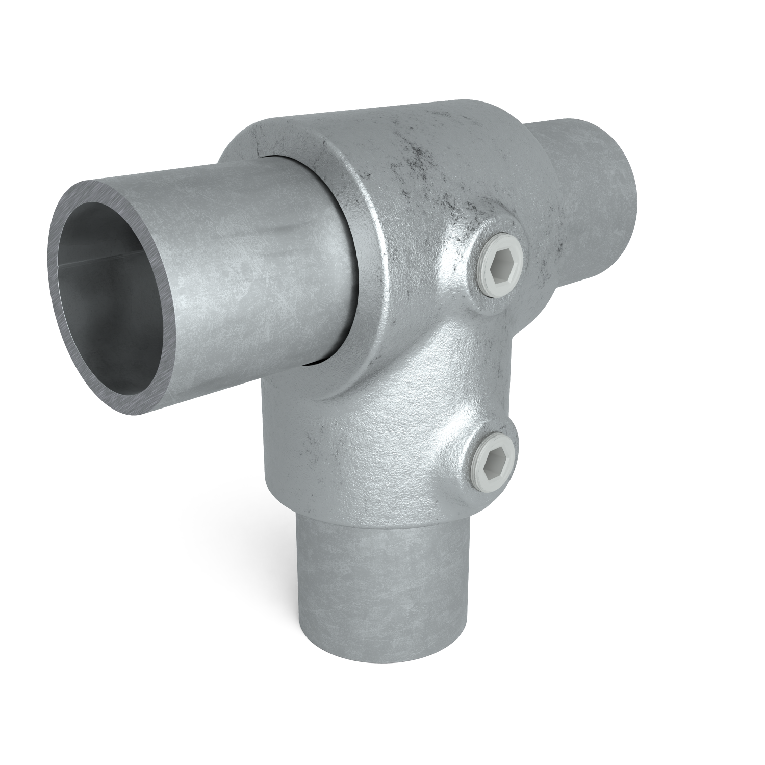 Rohrverbinder T-Stück kurz 42,4 mm - Schrägansicht mit Rohren (Rohr-verbinder.de)