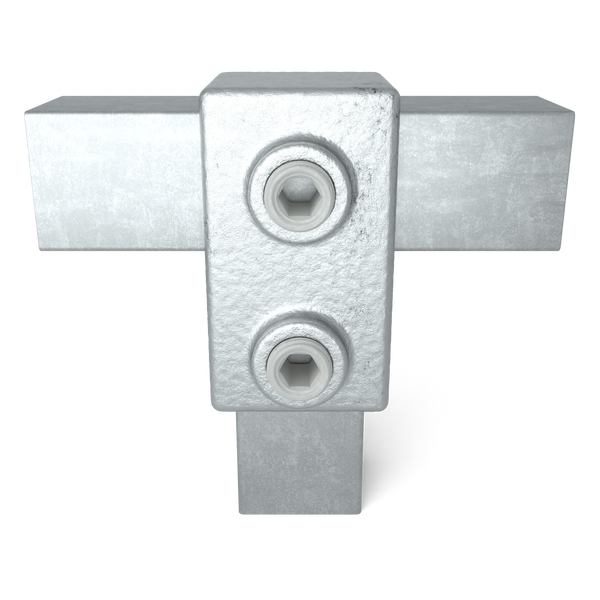 Rohrverbinder T-Stück kurz 25 mm quadratisch - Vorderansicht mit Rohren (Rohr-verbinder.de)