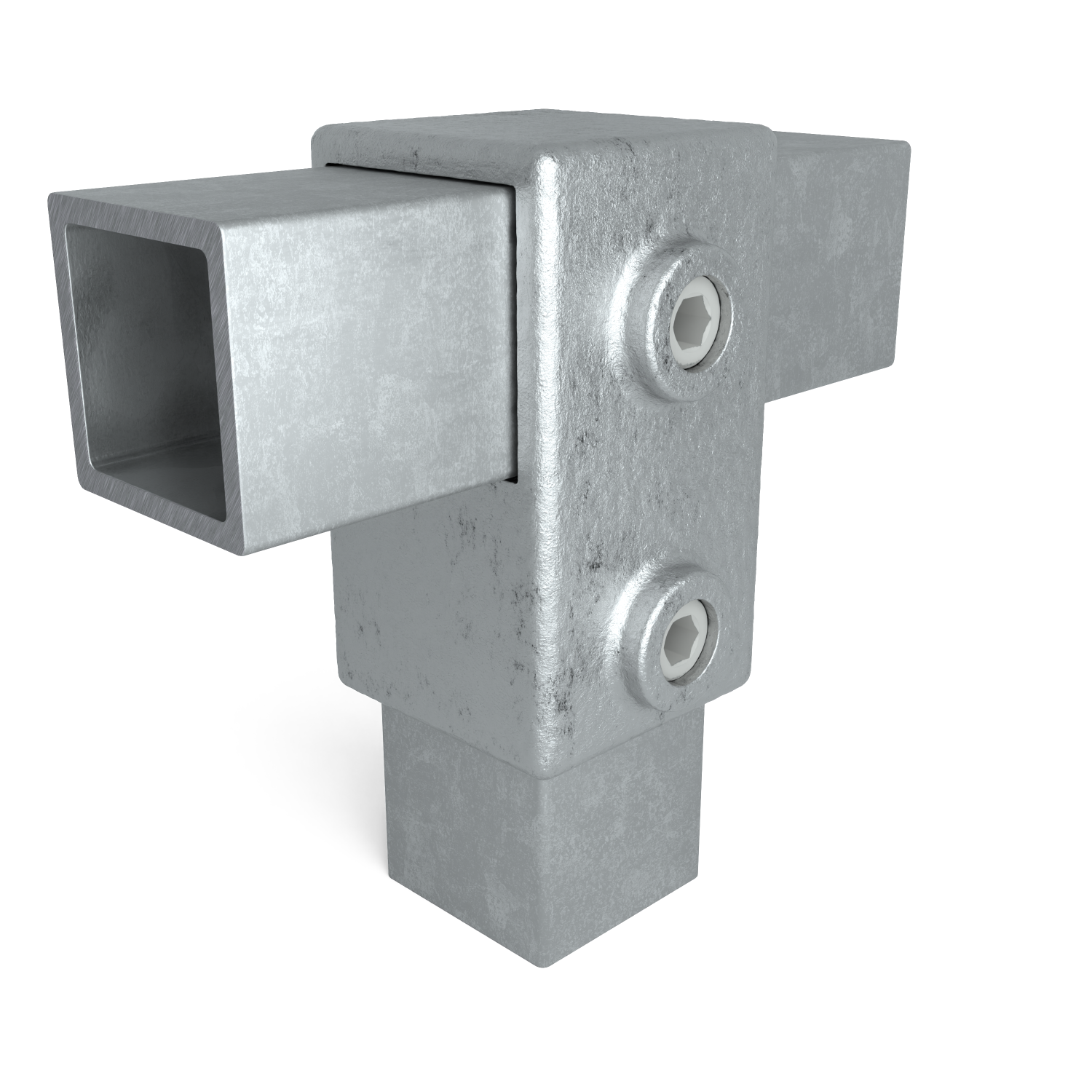 Rohrverbinder T-Stück kurz 40 mm quadratisch - Schrägansicht mit Rohren (Rohr-verbinder.de)