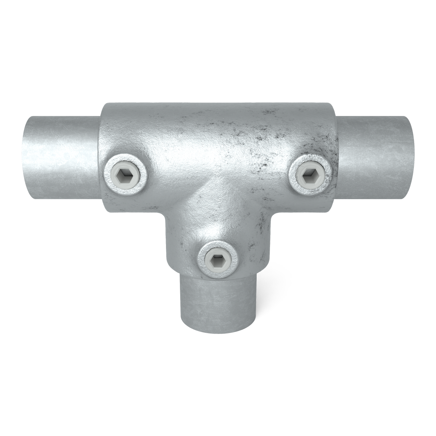 Rohrverbinder T-Stück lang 48,3 mm - Vorderansicht mit Rohren (Rohr-verbinder.de)