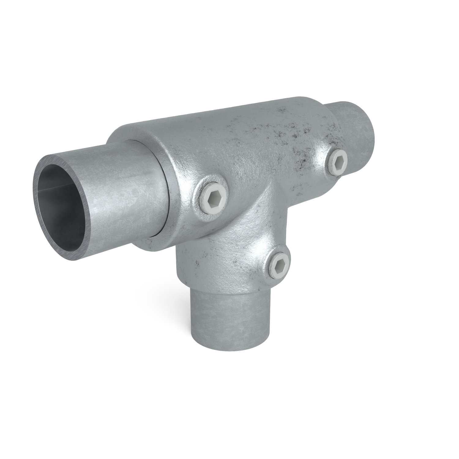 Rohrverbinder T-Stück lang 48,3 mm - Schrägansicht mit Rohren (Rohr-verbinder.de)