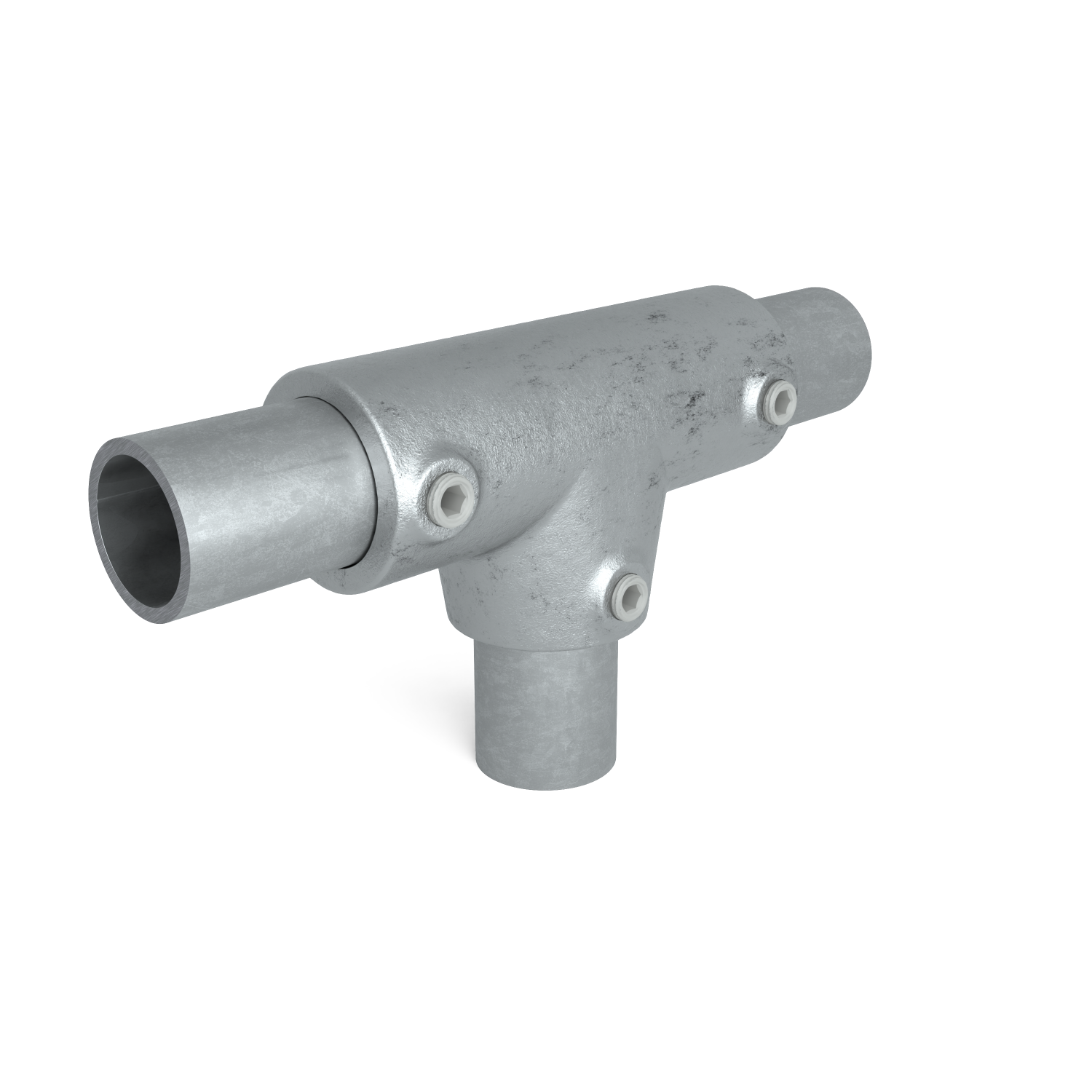 Rohrverbinder T-Stück lang ±11º 48,3 mm - Schrägansicht mit Rohren (Rohr-verbinder.de)