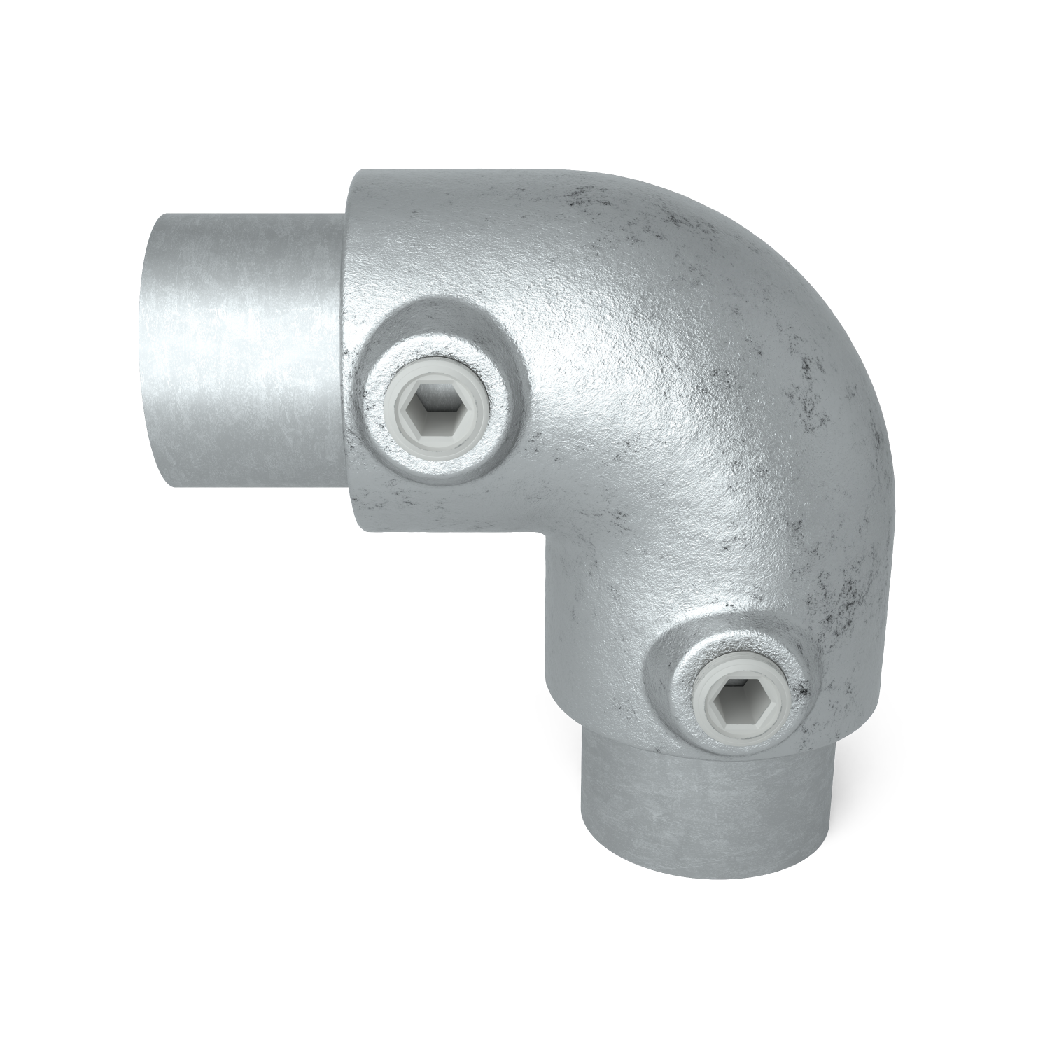 Rohrverbinder Bogen 90º 42,4 mm - Vorderansicht mit Rohren (Rohr-verbinder.de)