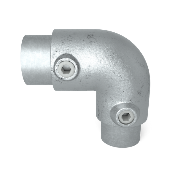 Rohrverbinder Bogen 90º Kombinationsmaß 48,3 mm - 42,4 mm - Vorderansicht mit Rohren (Rohr-verbinder.de)