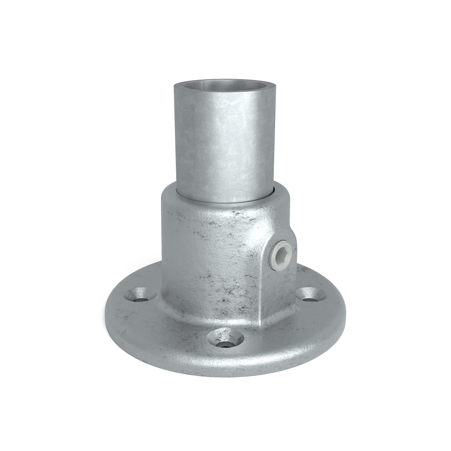 Rohrverbinder Fußplatte rund 21,3 mm - Schrägansicht mit Rohren (Rohr-verbinder.de)