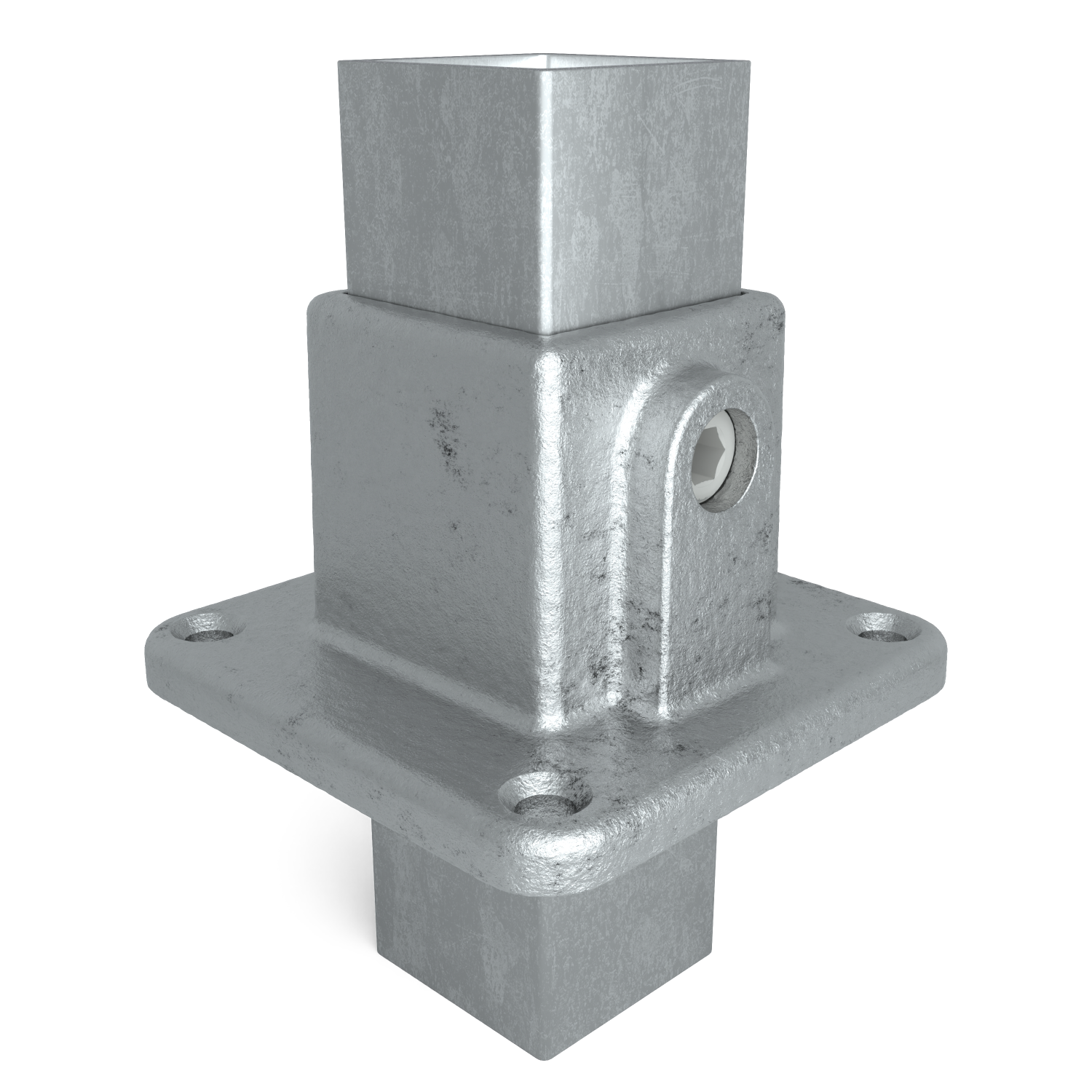 Rohrverbinder Fußplatte 40 mm quadratisch - Schrägansicht mit Rohren (Rohr-verbinder.de)