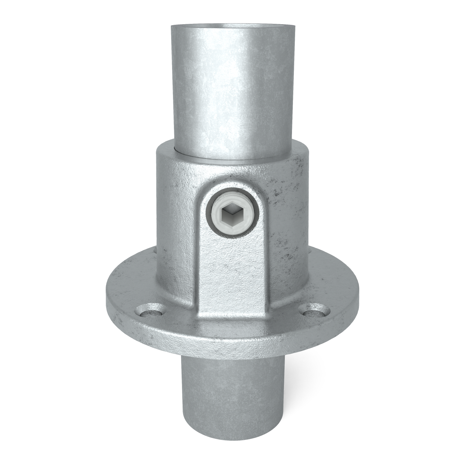 Rohrverbinder Fußplatte rund durchgehend 42,4 mm - Vorderansicht mit Rohren (Rohr-verbinder.de)