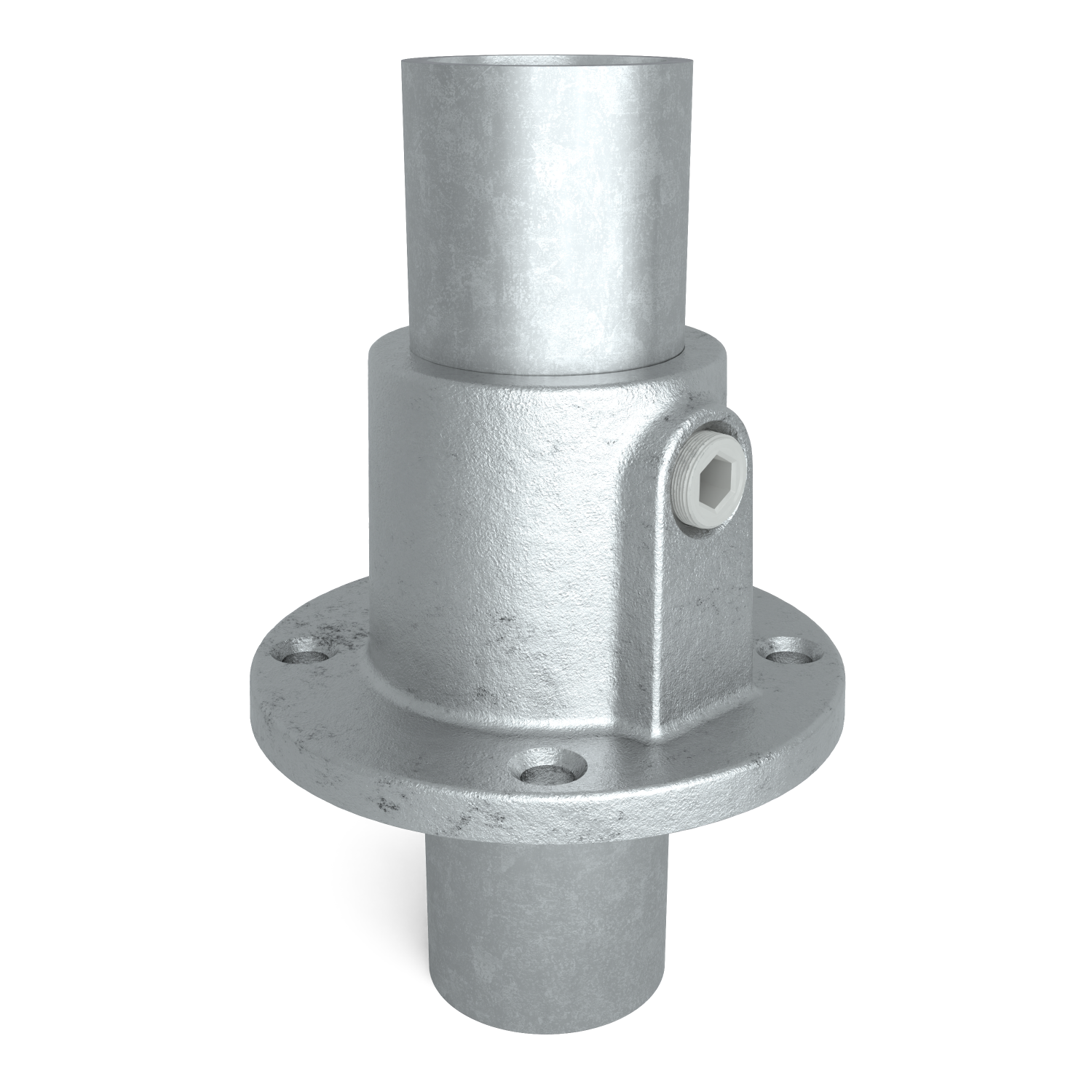 Rohrverbinder Fußplatte rund durchgehend 33,7 mm - Schrägansicht mit Rohren (Rohr-verbinder.de)